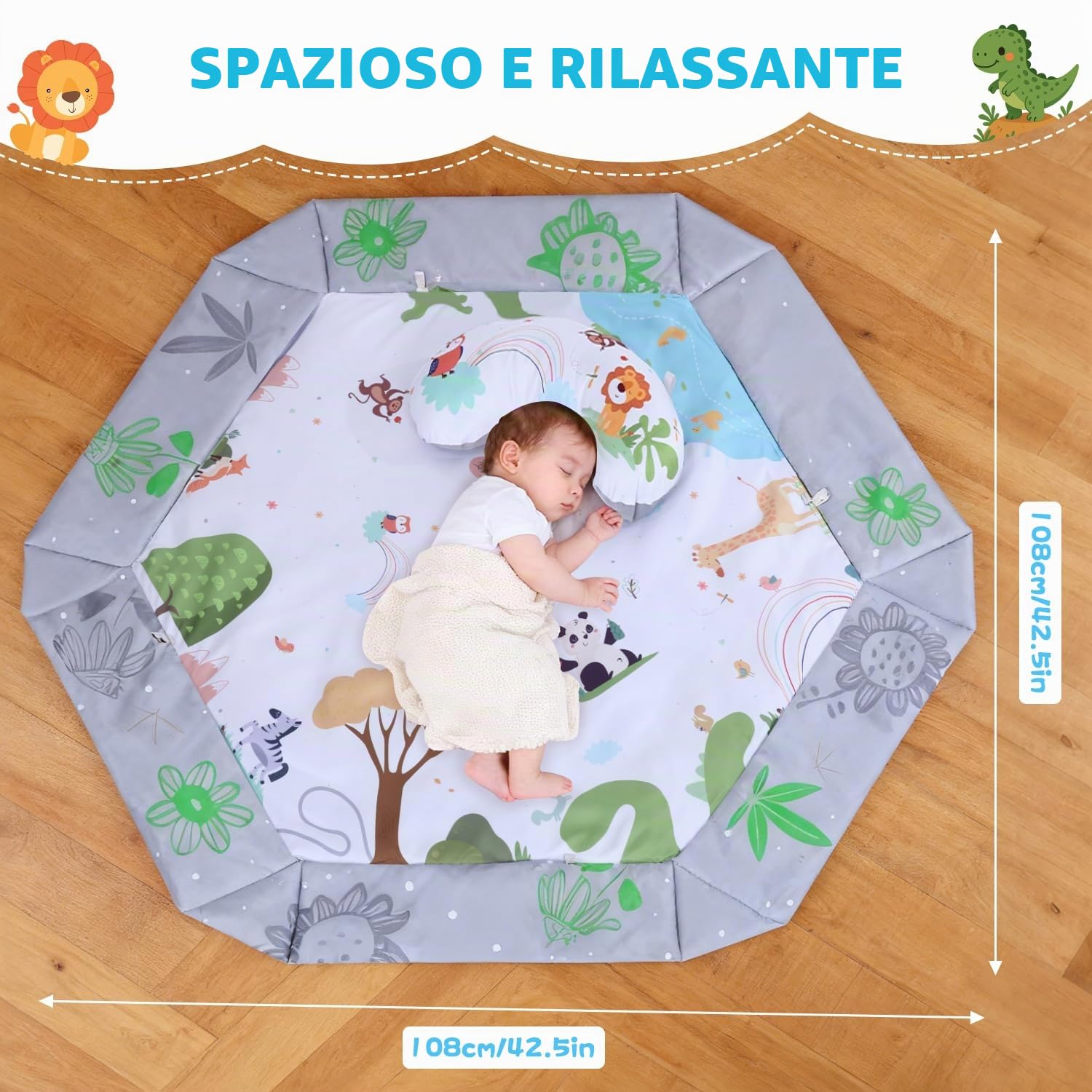 Palestrina Neonato con Arco Rimovibile, Palestrina Neonato Montessori con Cuscino per Tempo a Pancia in Giù, 5 Accessori Sensoriali Rimovibili, Lavabile e Morbido Tappetino Neonato Evolutivo