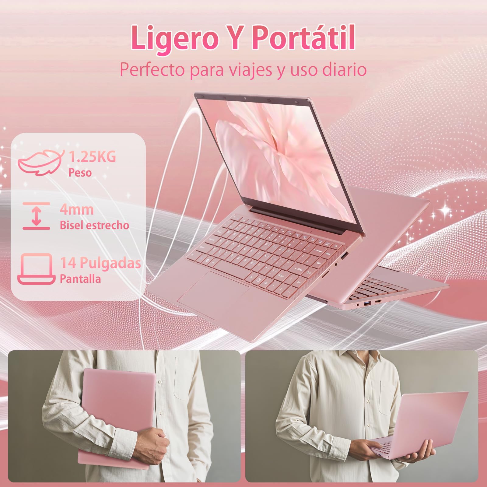 Ordenador Portátil 14 Pulgadas,Celeron N4120 (hasta 2.6 GHz) Win11 Pro, 8GB DDR4, Pantalla IPS FHD 1920x1080,USB 3.0, Laptop Ultradelgado para Estudiantes y Oficina(Oro Rosa, 8+256G SSD)