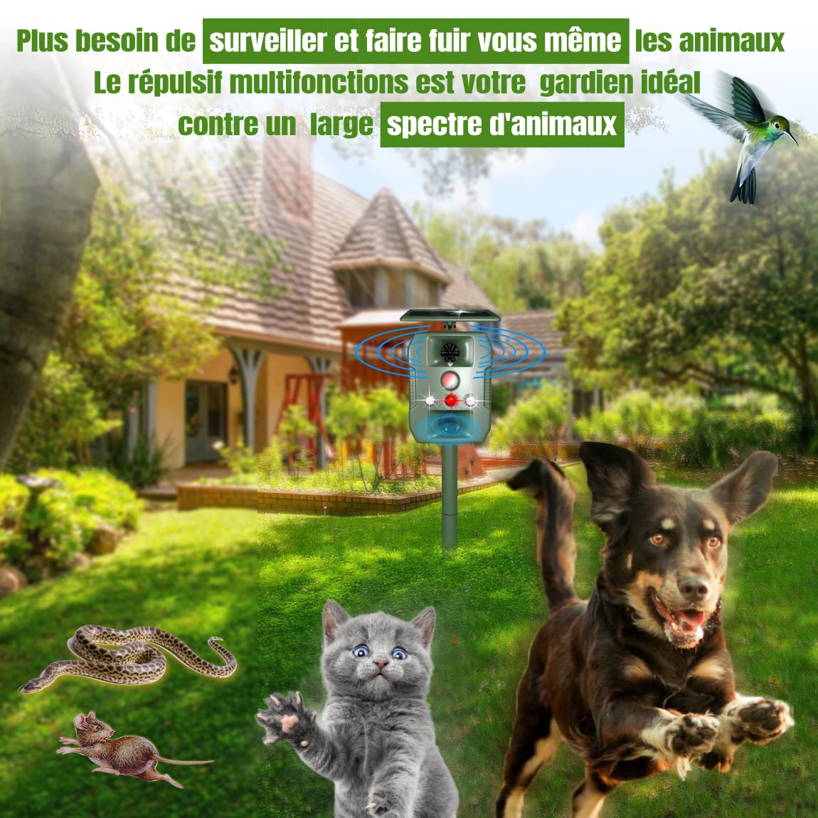 Repulsif Chat Exterieur Ultrason Solaire USB Multifonctions LED Sonore Anti Chien Pigeons Souris Rats Taupe Rongeur