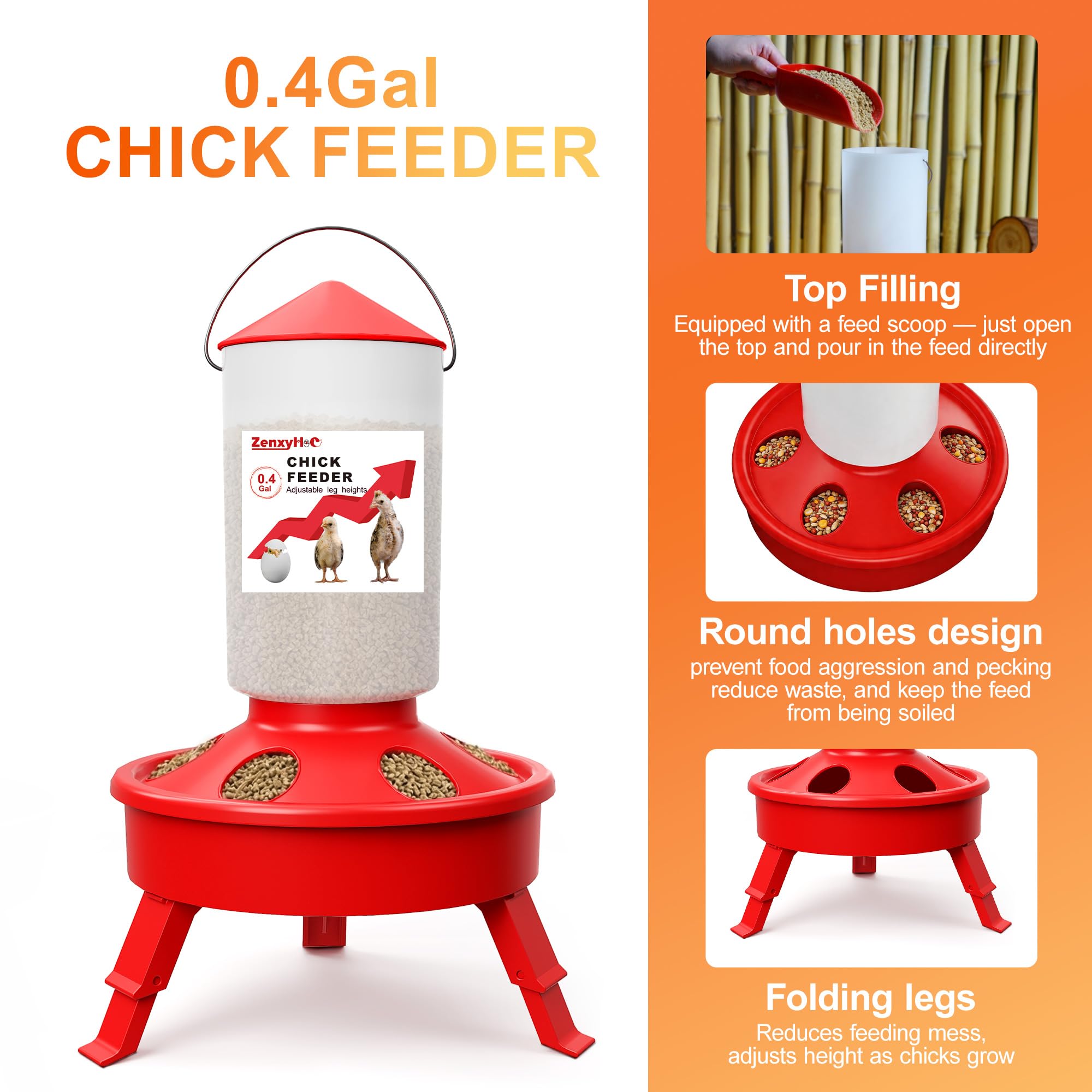 ZenxyHoC Set mangiatoia abbeveratoio pulcini 1,5 l 3 gambe regolabili rosso