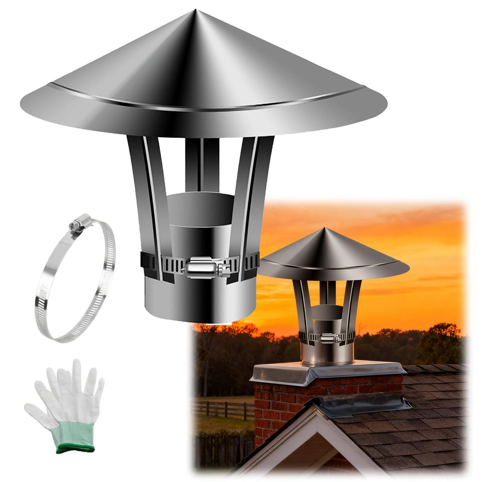 OYSKGNCMW Stainless Steel Chimney Cap Roof Vent Protector, Adjustable Cone Top Flue Cover for Fireplace, Wood Stove & Furnace Exhaust Pipe(190mm/7.5")