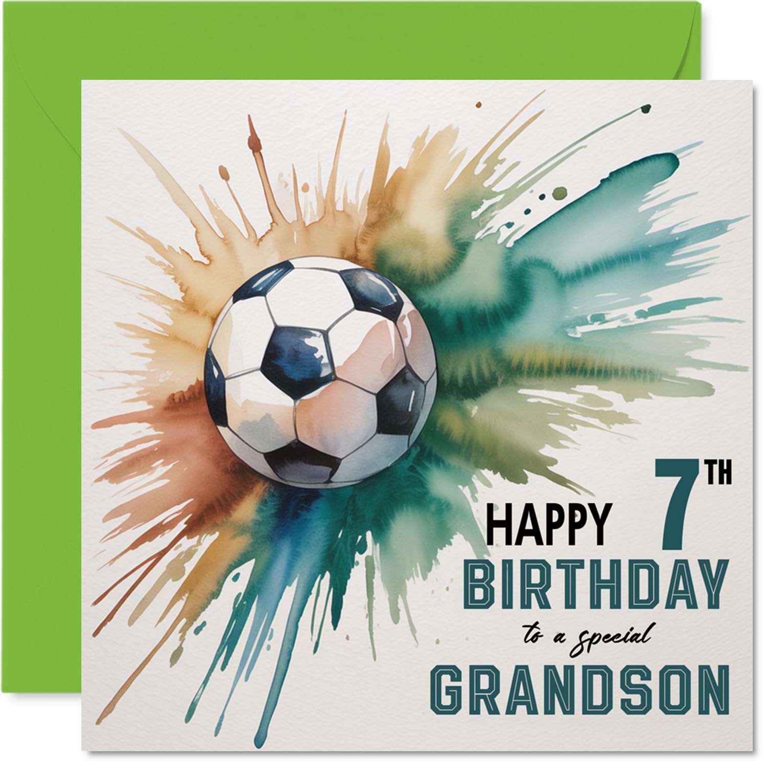 7th Birthday Cards for Grandson, Watercolour Football Splash
