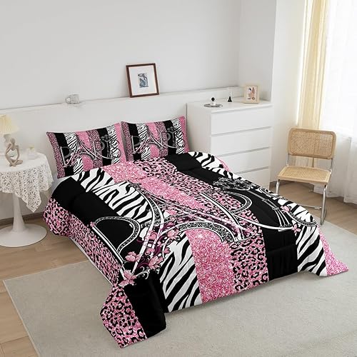 Miniatura 2 de Juego de edredón para niños de la Torre Eiffel, tamaño matrimonial, juego de ropa de cama con textura de piel de cebra y leopardo con purpurina,