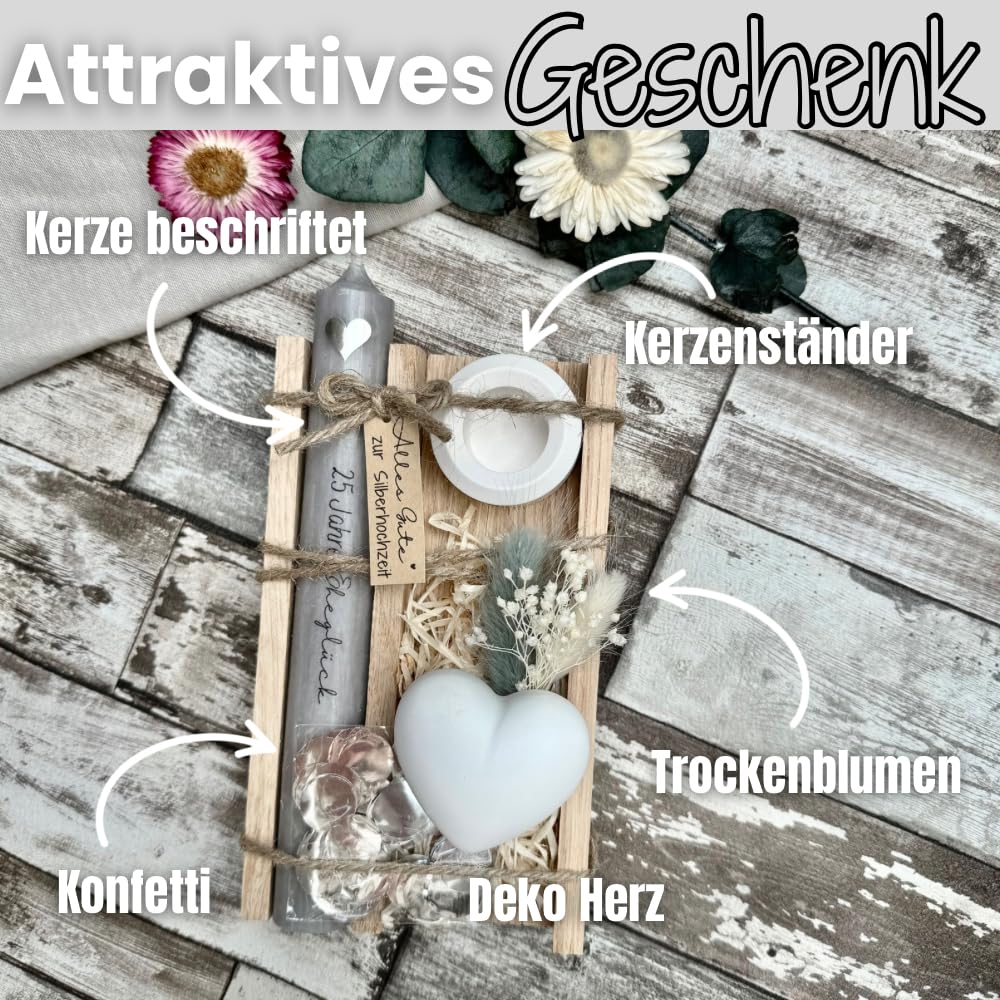 Silberhochzeit Geschenk - 25 Jahre Eheglück - Geldgeschenk - liebevolle Silberhochzeit Geschenkideen - Silberne Hochzeit - Trockenblumen - Holzbox mit Kerze