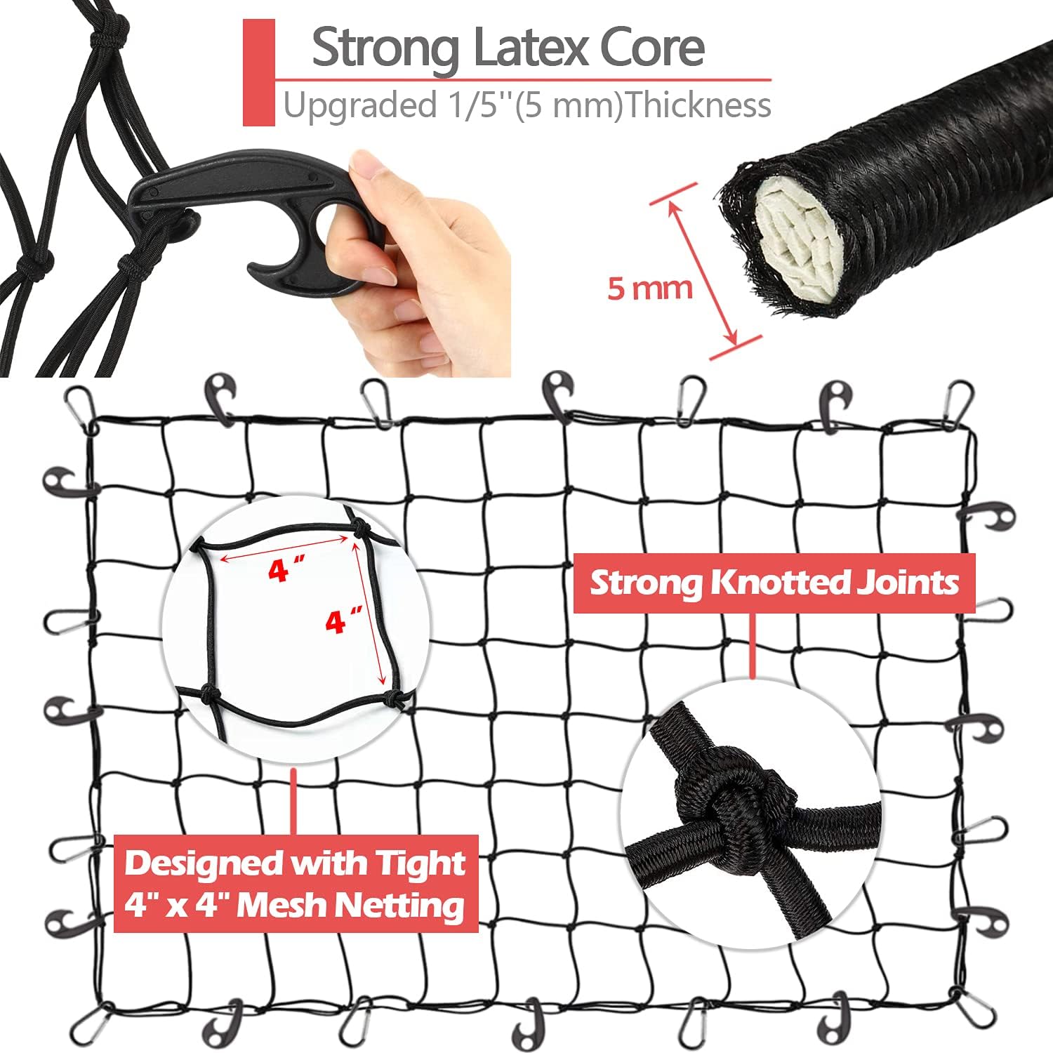 ZUOZE Natural Latex Core Cargo Net for Car SUV Roof Rack | 3'x4' Stretches to 6'x8' Small Bungee Net for Pickup Bed | 12 Carabiners + 12 Hooks | Tight 4”x4” Mesh for Ford, Dodge, Chevy, Toyota : Automotive
