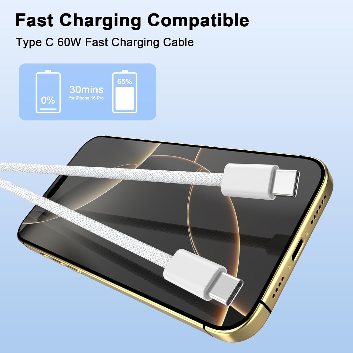 [MFi Certified] USB C to USB C Charging Cable Cord for iPhone 16/16 Plus/16 Pro/16 Pro Max/15/15 Plus/15 Pro/15 Pro Max/Galaxy/Pixel, 2 Pack 60W Woven iPhone 16 Charger Cord 6FT Long, White