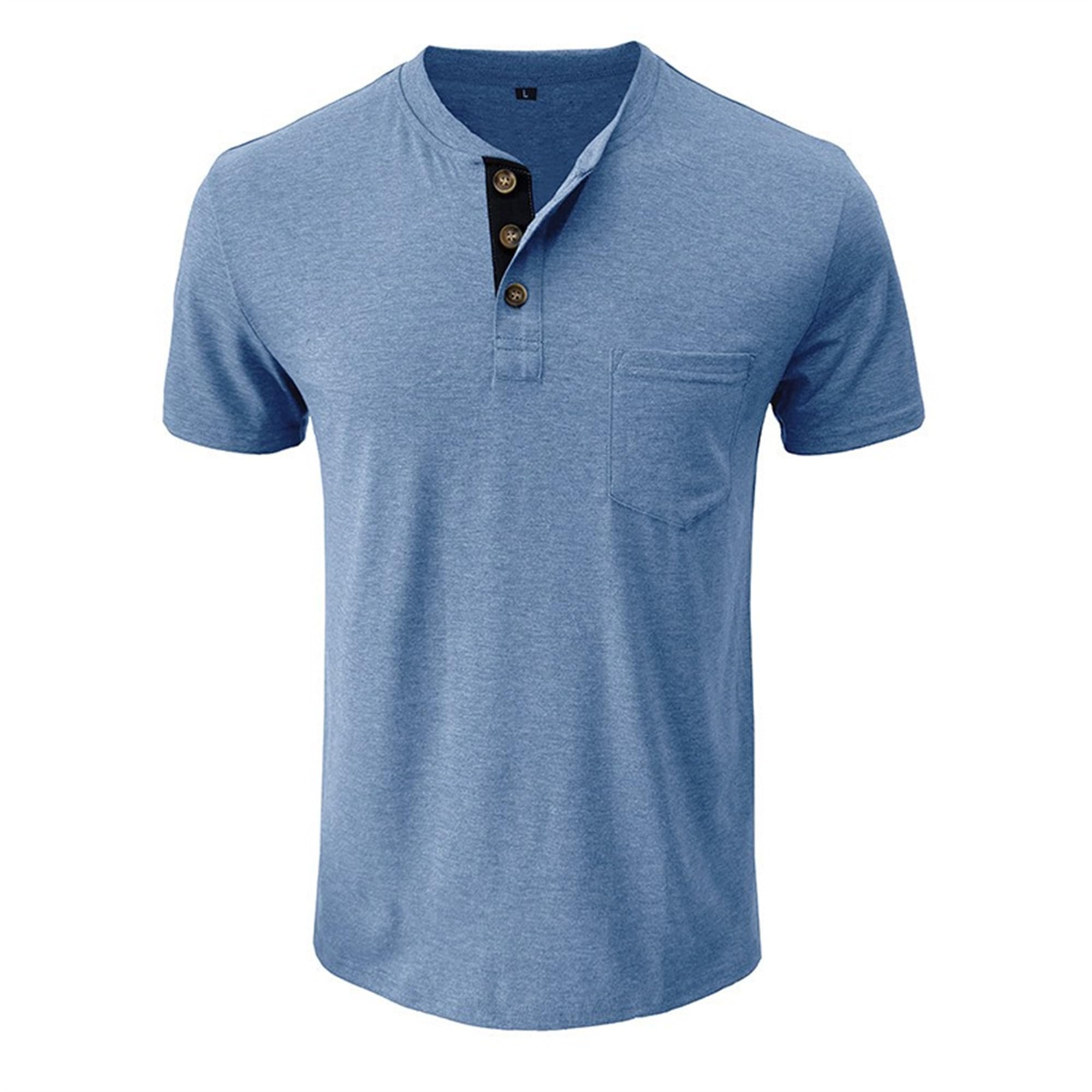 Zylphorix Men Breathable Thin Round Neck Polo Shirts Quarter Button Chest Pocket Henry T-Shirt Summer Casual Outdoor Pullover (Light Blue,Medium)