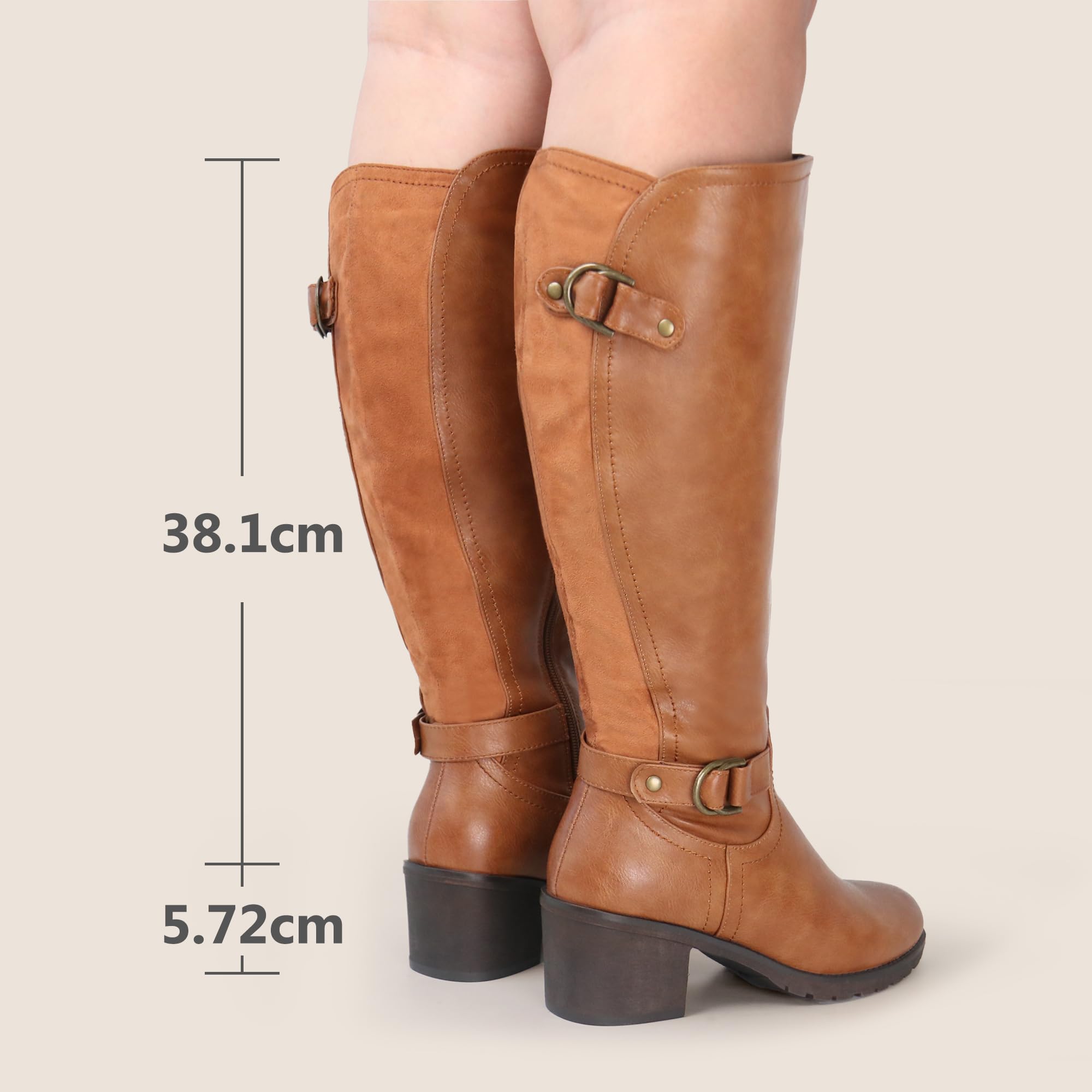 Bottes d'équitation pour femme, mollet large, montantes jusqu'au genou, avec talon bloc et double boucle décorative