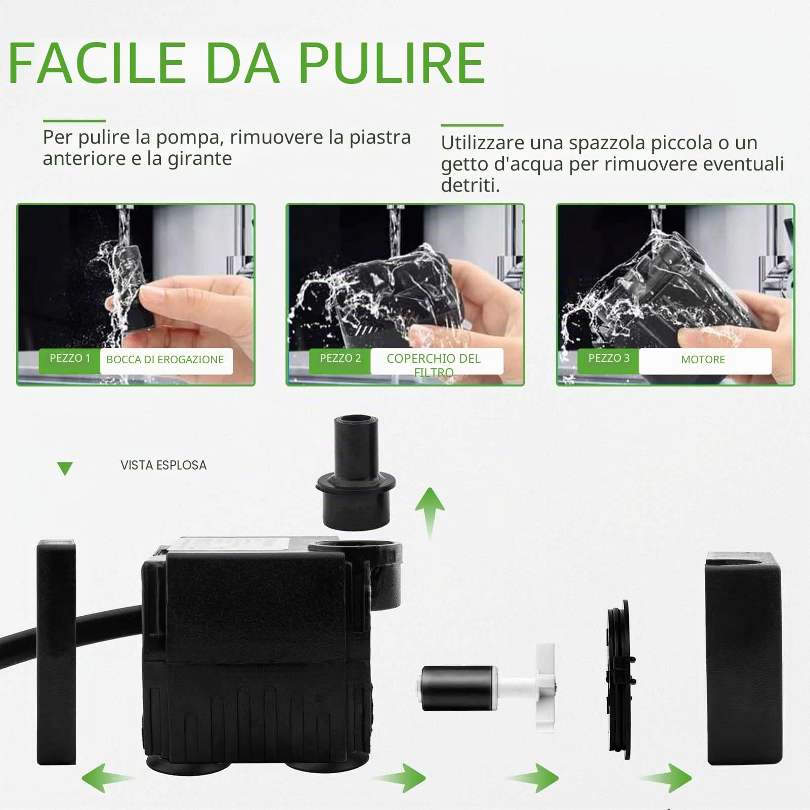 Mini pompa dell'acqua (350 l/h, 5 W), con sollevamento elevato, cavo di alimentazione da 1,5 m, 2 ugelli per acquari, laghetti, fontane, statue