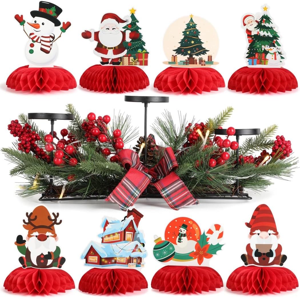 3 in 1 Candle Holder, 8 Pcs Table Centerpieces, Christmas Candle Holder, Red Berries Ribbon Bows, Home Christmas Decorations, Santa Claus Xmas Honeycomb Centerpieces, Warm White Light String