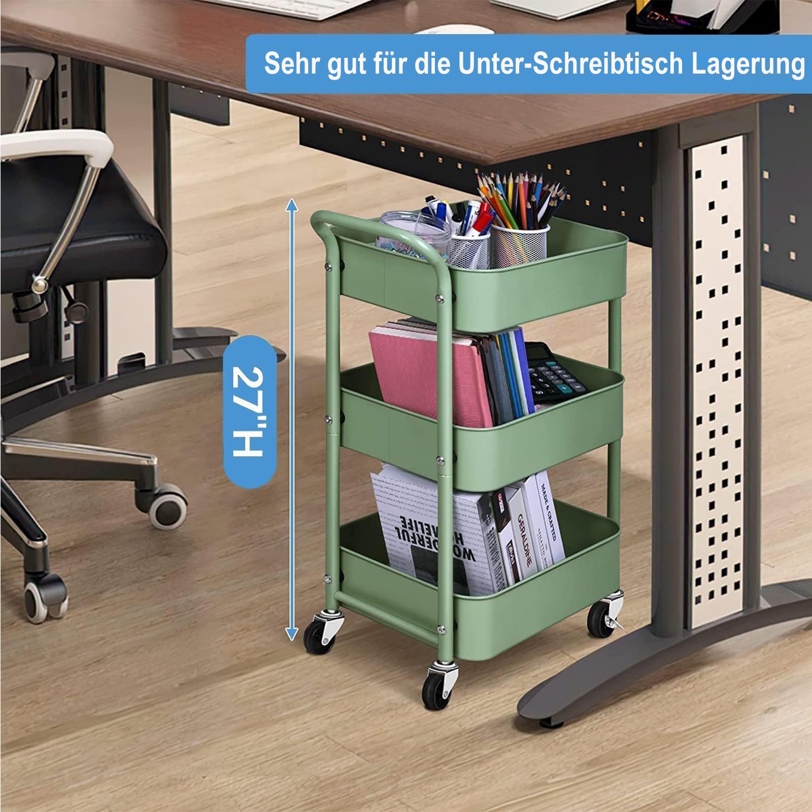 MISSLO Rollwagen mit 3 Ebenen, Metall Servierwagen mit Rollen und Griffen, 2 Bremsen Küchenwagen, Küchenregal für Badezimmer, Malutensilien, Schlafzimmer(Grün)