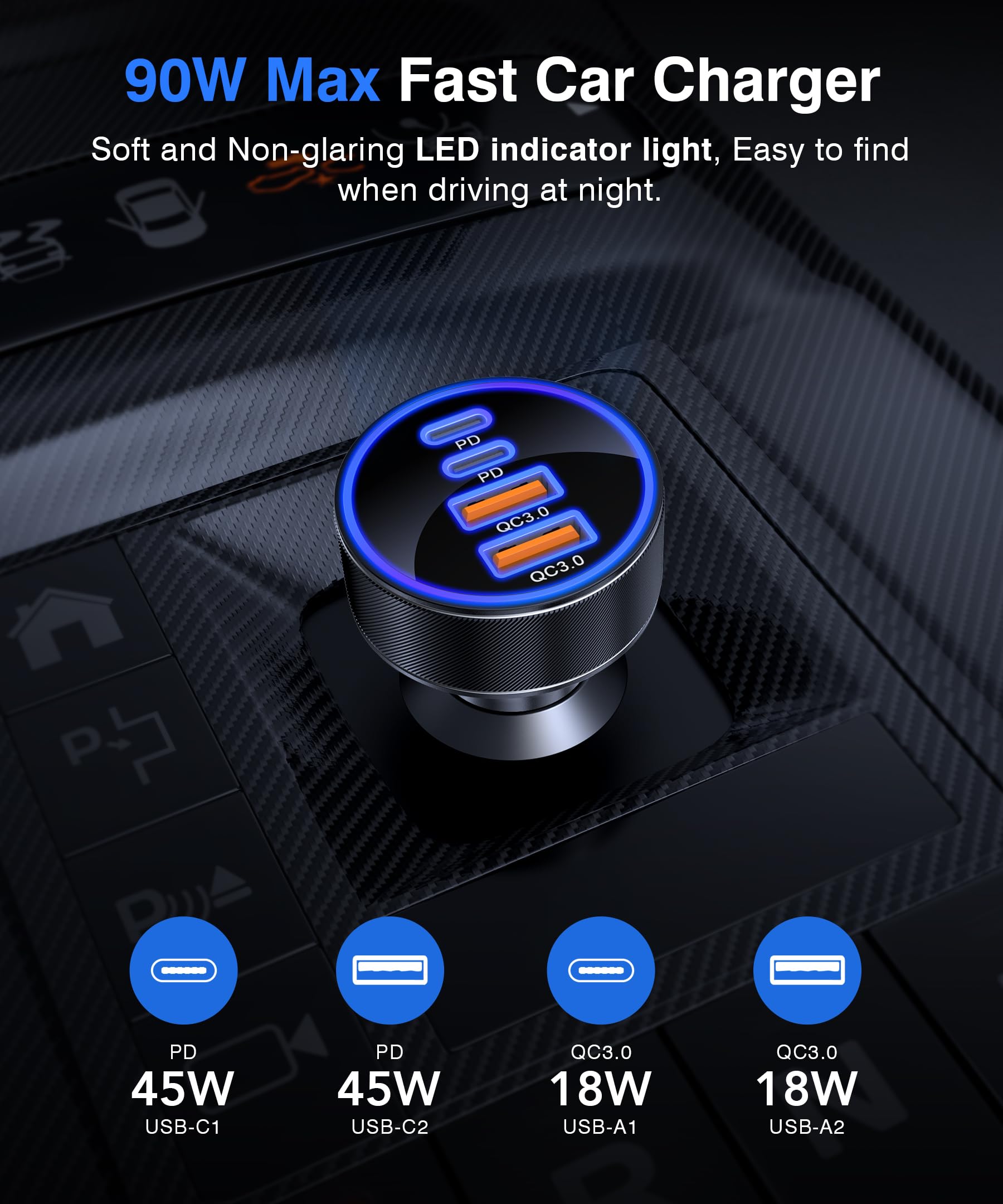Chargeur de voiture USB-C, adaptateur allume-cigare à charge super rapide, multiport USB-C et USB-A PD/QC pour iPhone 17/16/15, iPad, MacBook, Samsung Galaxy, et autres appareils Android