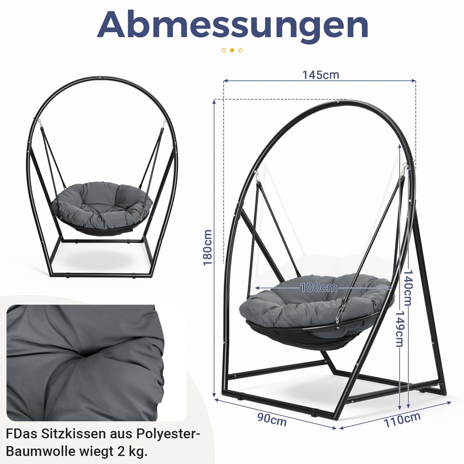 Hängesessel mit Gestell Outdoor, Runder Hängestuhl mit Stahlrahmen & Kissen, 100cm Sitzfläche, Höhenverstellbar, bis 150kg belastbar, Hängeschaukel für Garten, Balkon, Terrasse & Indoor, Schwarz