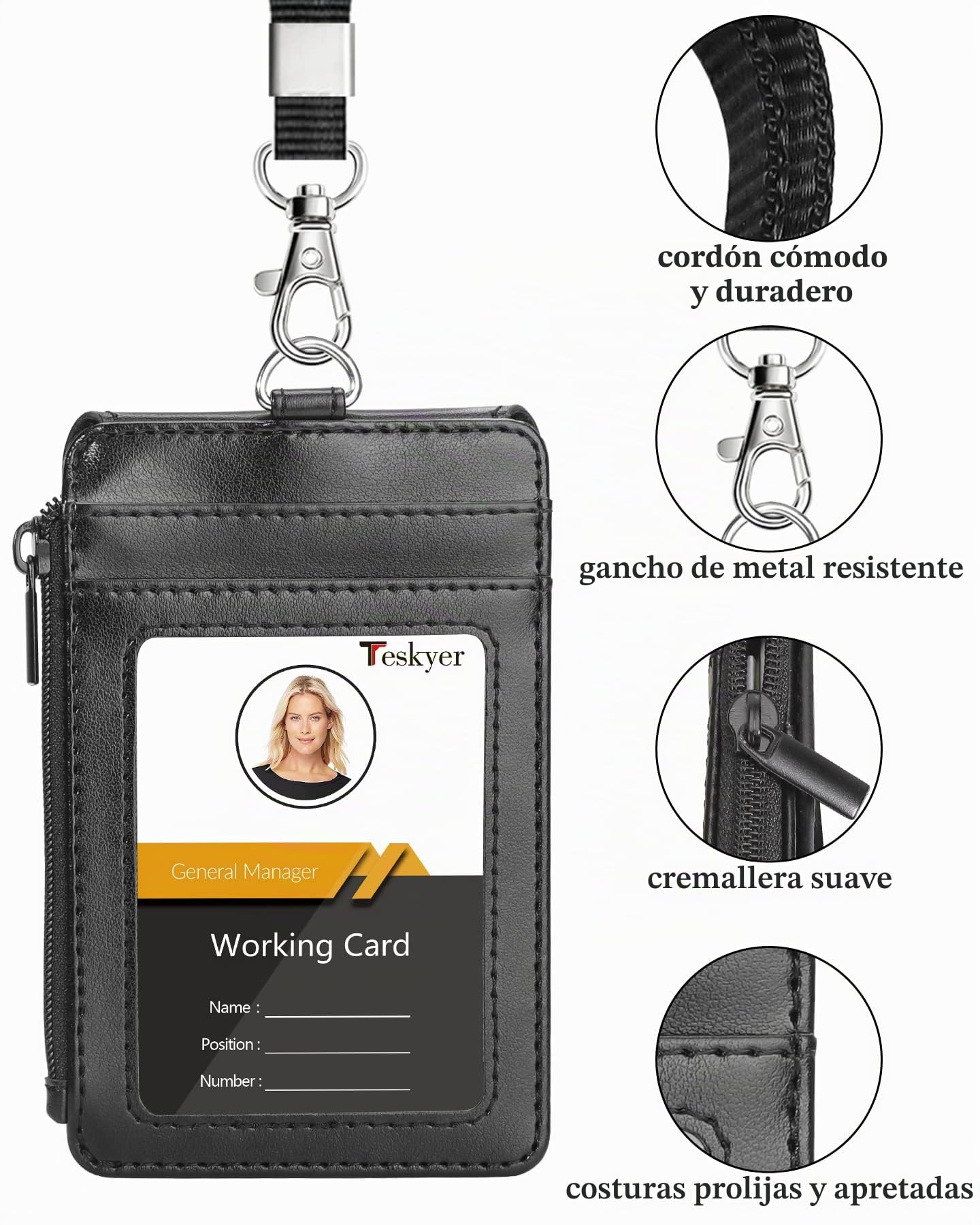 Teskyer Porta Tarjetas Identificativas, Cuero PU, con Bolsillo de Cremallera, Cordón de Nylon, 3 Ranuras para Tarjetas, para la Oficina, la Escuela, Las Tarjetas de crédito, Negro