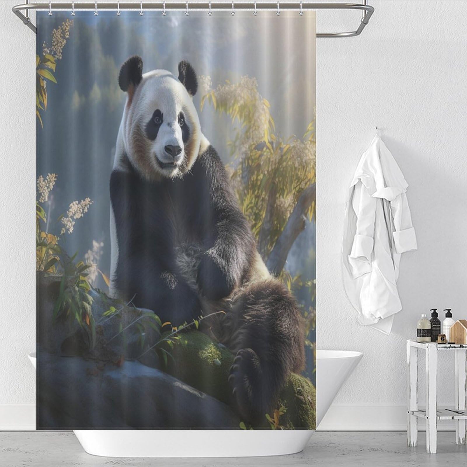 Rideau de douche panda tissu lavable imperméable 12 crochets baignoire 122x183cm