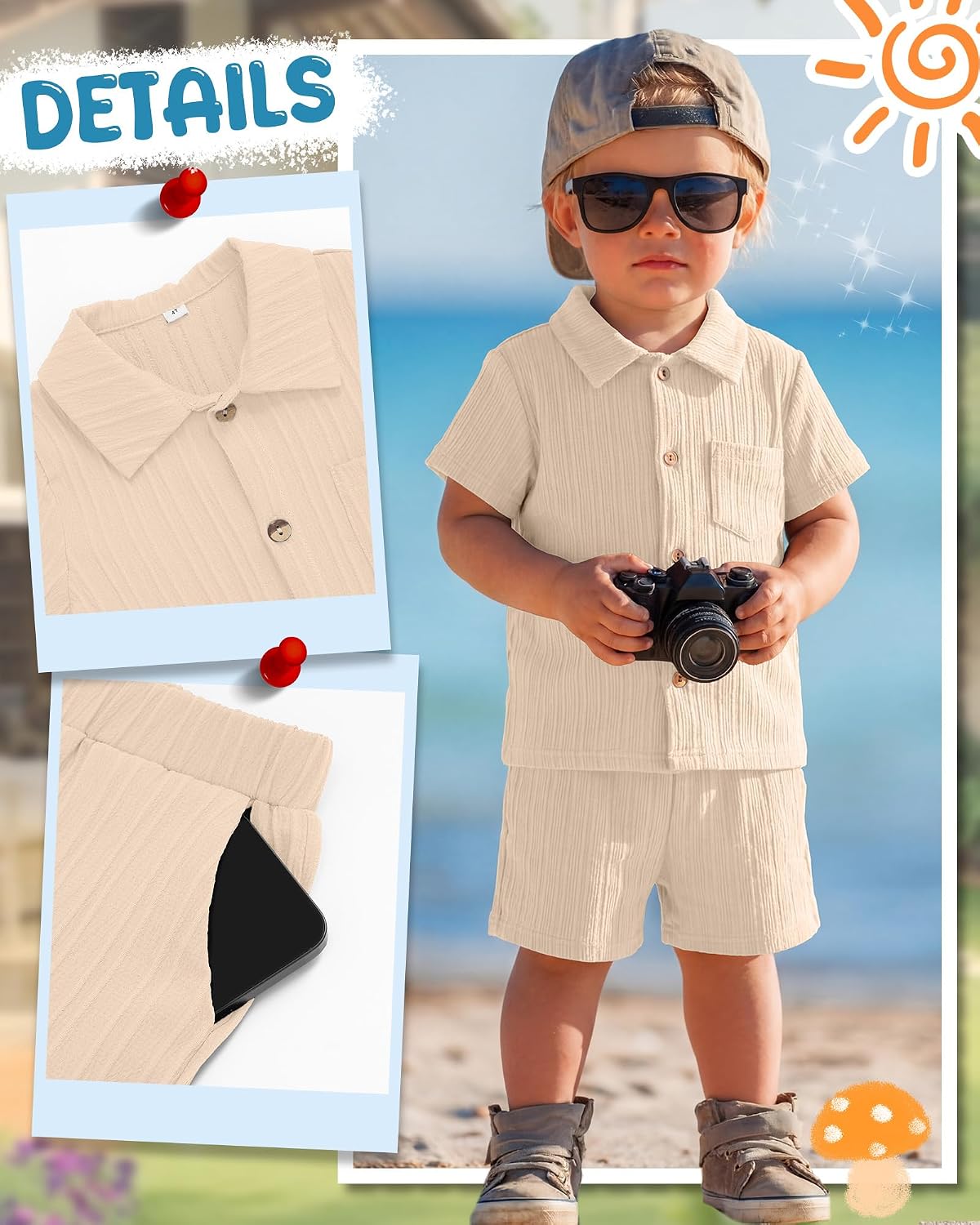 Toddler Baby Boy's Clothes Set Ribbed Button-down Cotton Shirt Tops and Shorts Summer Outfit 2 Pcs with Pockets