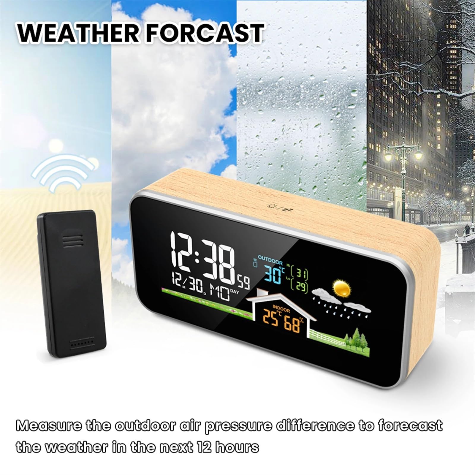 Stacja pogodowa, radiowa stacja pogodowa, drewniany budzik, cyfrowy termometr, wilgotność, temperatura, bezprzewodowy czujnik, Home TimeWatch, biurko #30,E-1