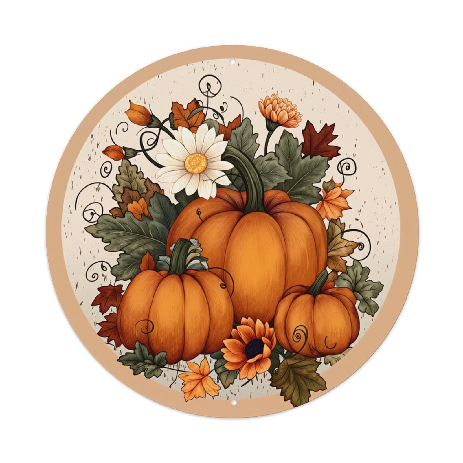 Pumpkin Autumn Leaves Flowers Swirls Round Tin Sign Retro Metal Sign for Cafe Bar Pub Home Game Room Gym Club Wall Decoration Vintage Metal Poster 8x8 Inch