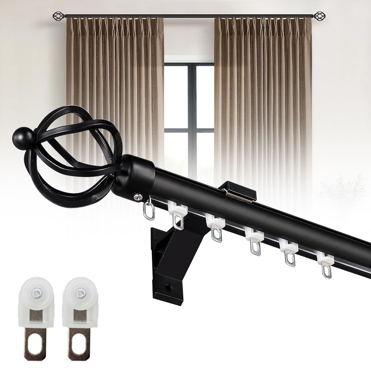 View 1 of [Missing Items] Curtain Track Wall Mounted, Curtain Rail Track System Roman Rod for Curtain, Aluminum Heavy-Duty Silent Curtains Rails Sliding Curtain Tracks for Room Divider Living Room Bedroom (Black, 6FT)