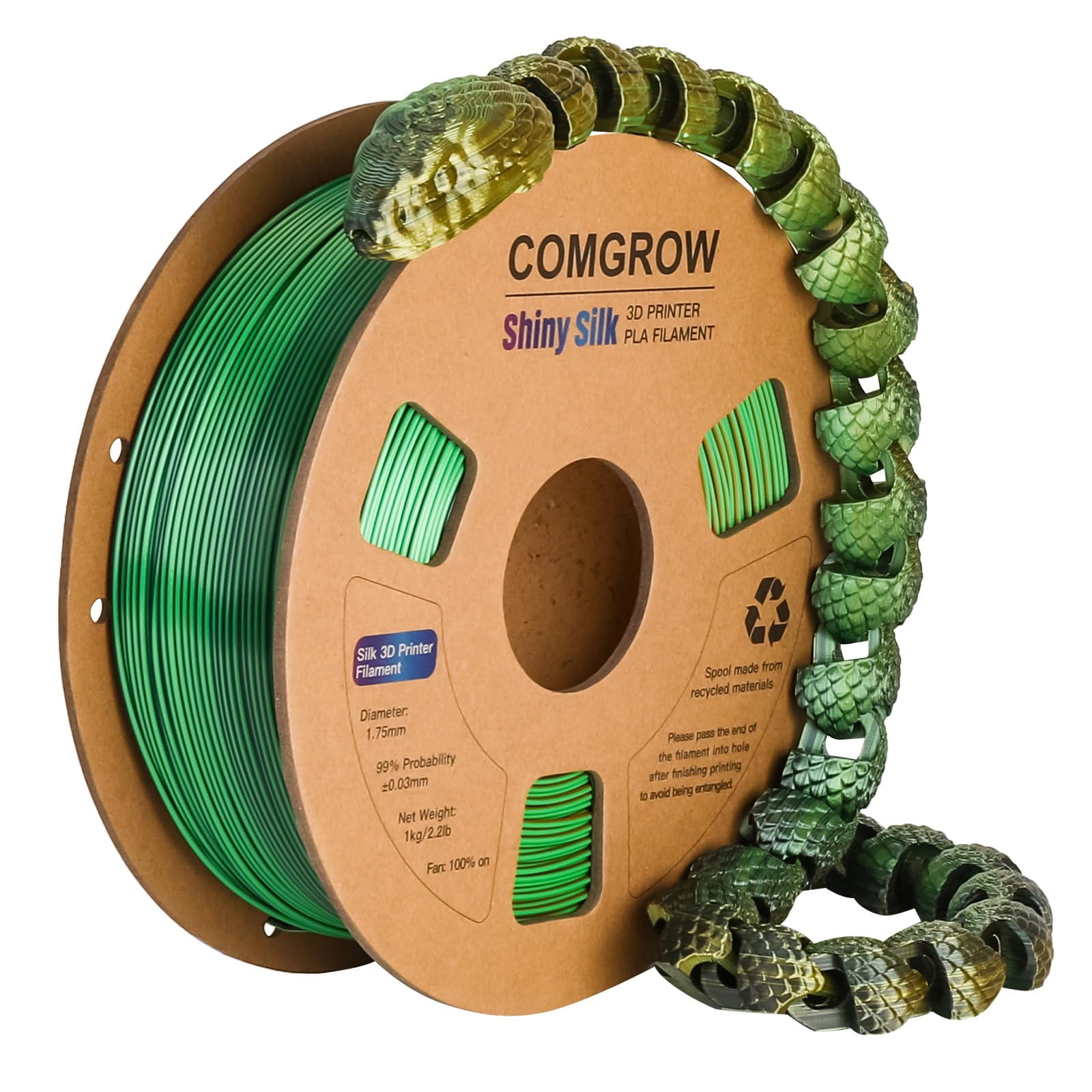 Comgrow Tri-Colors Silk PLA 3D Printer Filament, Rainbow PLA Filament 1.75mm, Dimensional Accuracy +/- 0.02 mm, 1KG Spool, Coextrusion 3D Filament with Shiny Silk Golden-Green-Black
