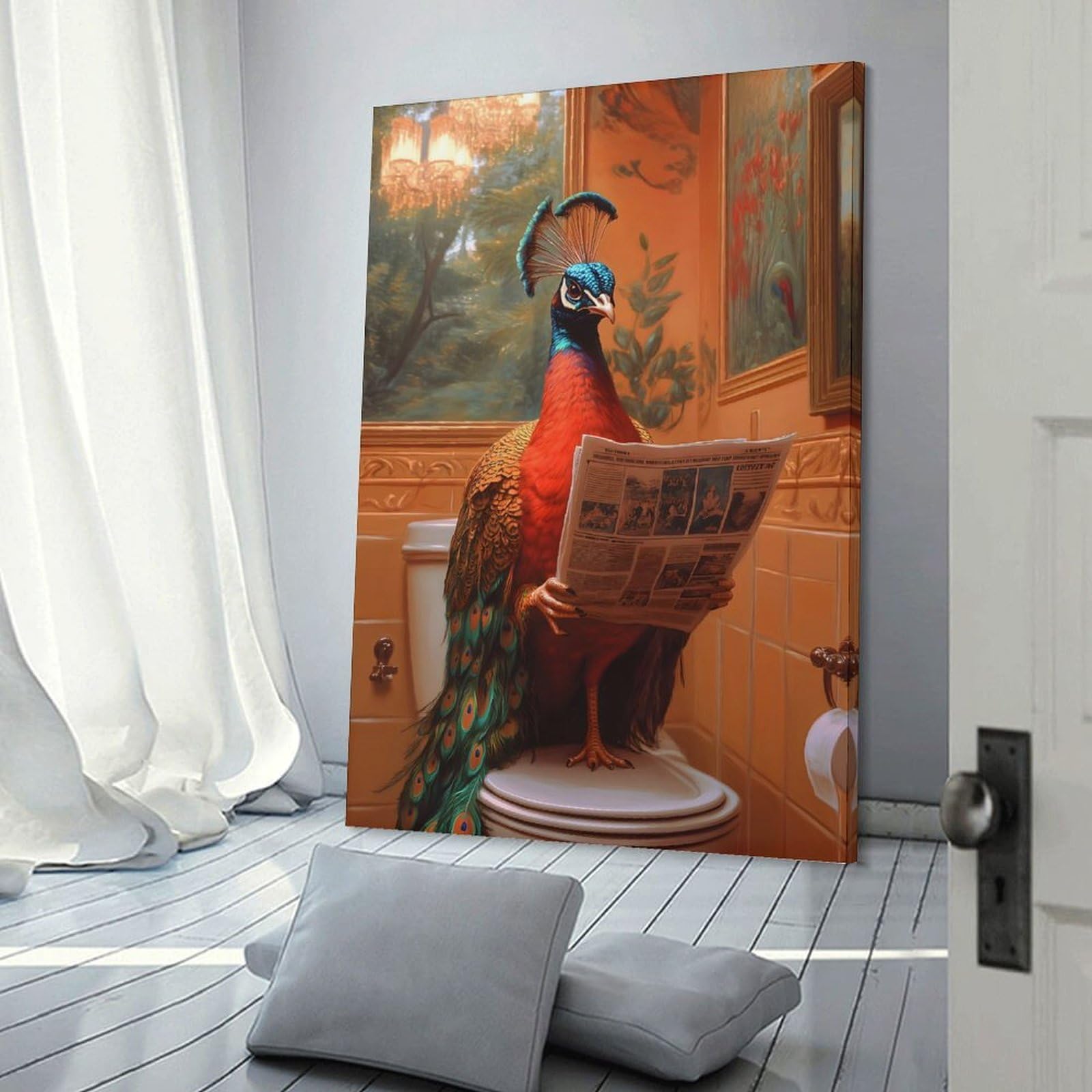 Junmoney Peacock Reading Newspaper Toilet Wall Decor Canvas Print, 20x30inch(50x75cm), for Living Room, Lounge Or Sitting Room, Easy Decor for Gallery Walls
