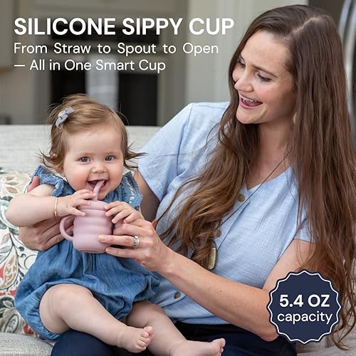 Miniatura 4 de Lindo vaso de silicona 2-1 con tapón, 5.4 onzas a prueba de derrames, para bebés de 6 meses en adelante, con asas Dbl, cuerpo ranurado y popote en