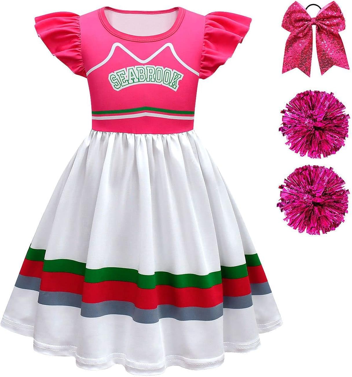 Vestido de animadora para niñas con lazo para el pelo y pompón de animadora