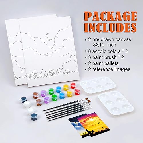 Miniatura 5 de Paquete de 2 lienzos predibujados de 12 x 16 pulgadas para pintar para adultos, kit de sorbo y pintura para parejas de adultos, suministros de