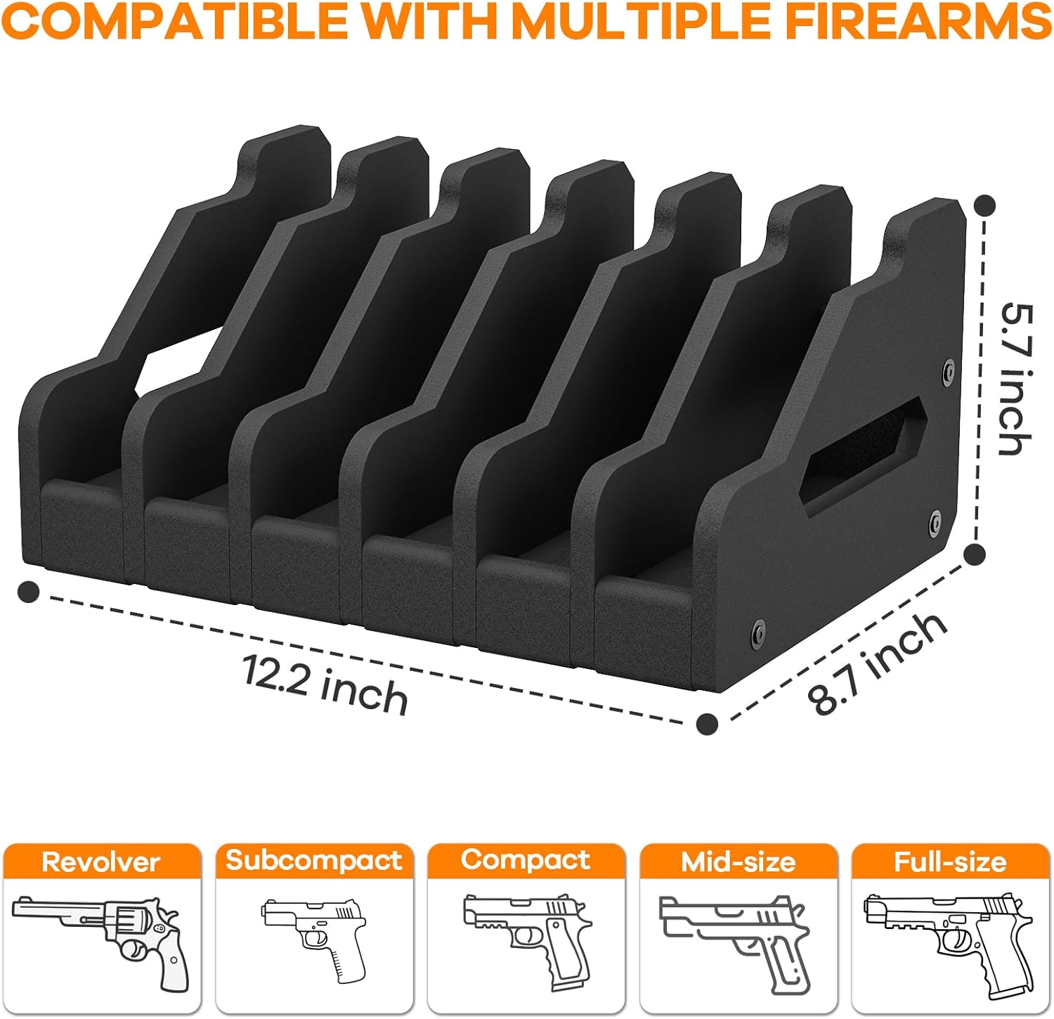 JBBTOOL Foam Pistol Rack for Gun Safe, Gun Cabinet Accessories, 6 Slots Soft Foam Handgun Storage Organizer, Anti-Slip Revolver Firearm Stand Display Holder