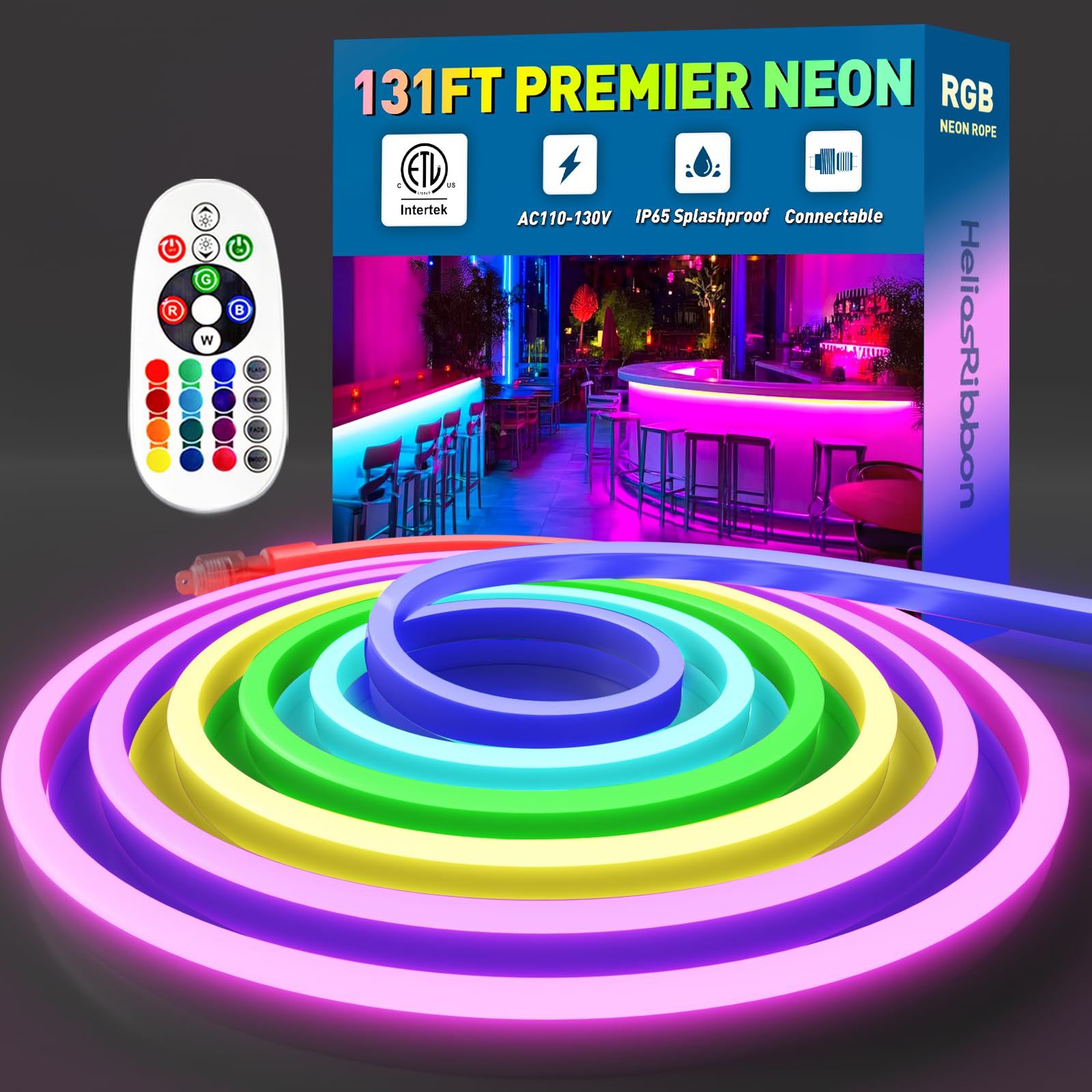 131FT RGB LED Neon Rope Lights Remote Control, ETL Listed 110-120V Outdoor Color Changing Rope Light IP65 Waterproof, Connectable and Cuttable, for