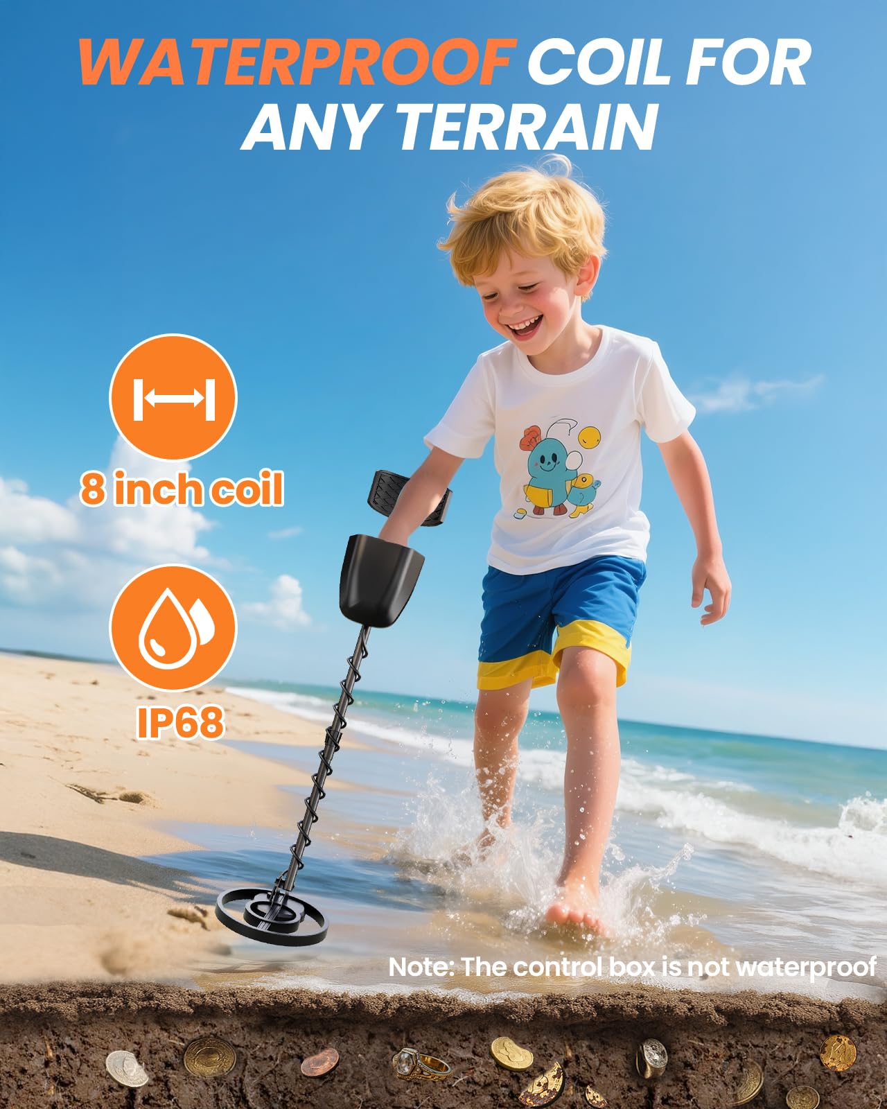 Metal detector ricaricabile per bambini, bobina impermeabile ad alta precisione da 8 pollici con modalità disco e stelo regolabile, rilevatore d'oro leggero da 0,9 kg, per caccia al tesoro