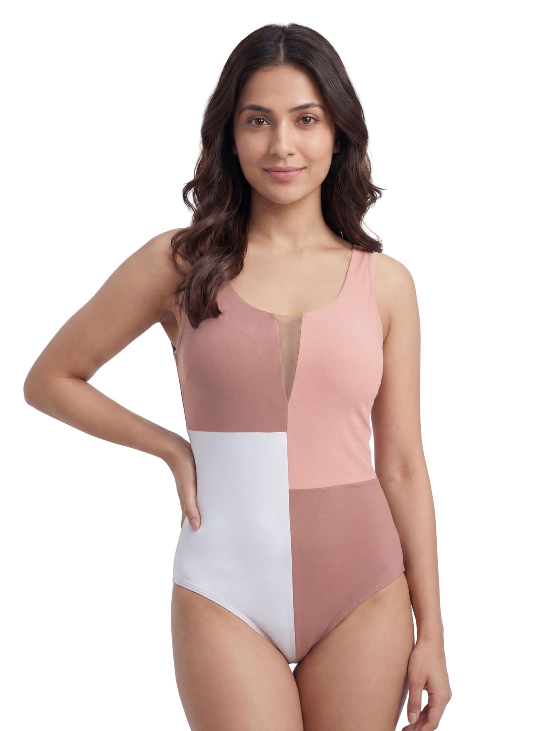 soie Women's Colour Block Three-Tone Mesh Front Padded Sleeveless Monokini | High Stretch Polyamide Spandex | Beach Pool Swimwear-picture-37
