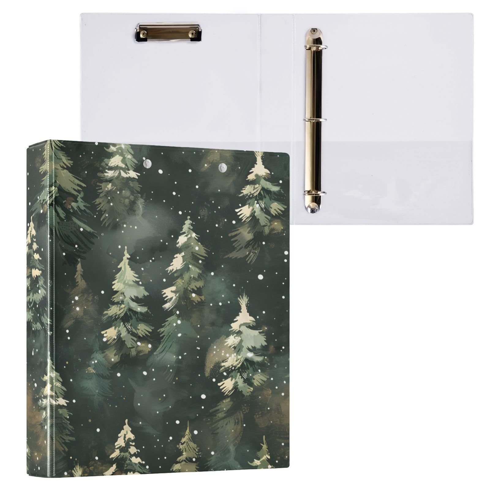 3 Ring Binder Winter Green Christmas Tree 1.5 inch Binders Three Ring Binders with Clipboard Fit 8.5'' x 11'' Paper 3 Interior PVC Clear Pockets for Office Supplies