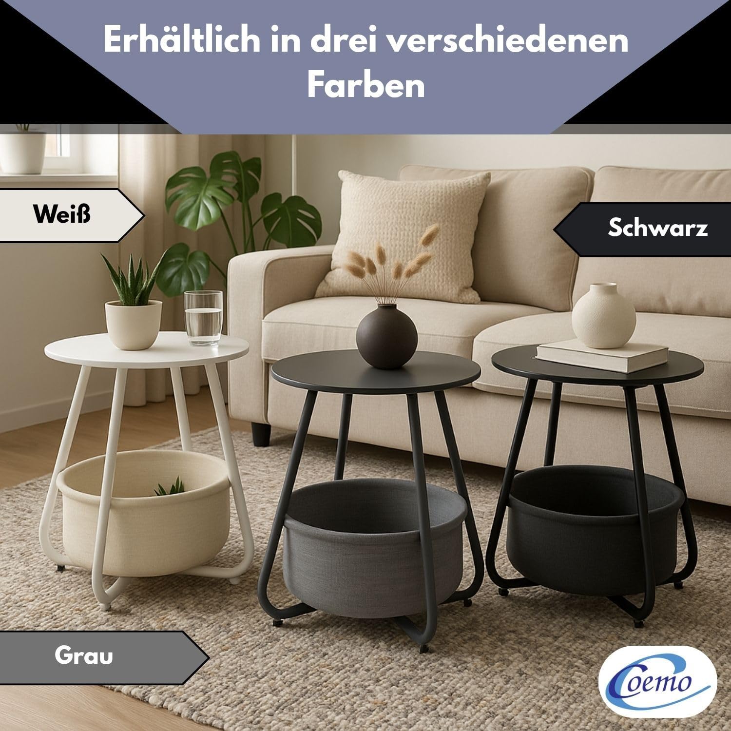 Coemo Couchtisch KOSI aus Metall Ø45x45cm mit Aufbewahrungskorb, Schwarz