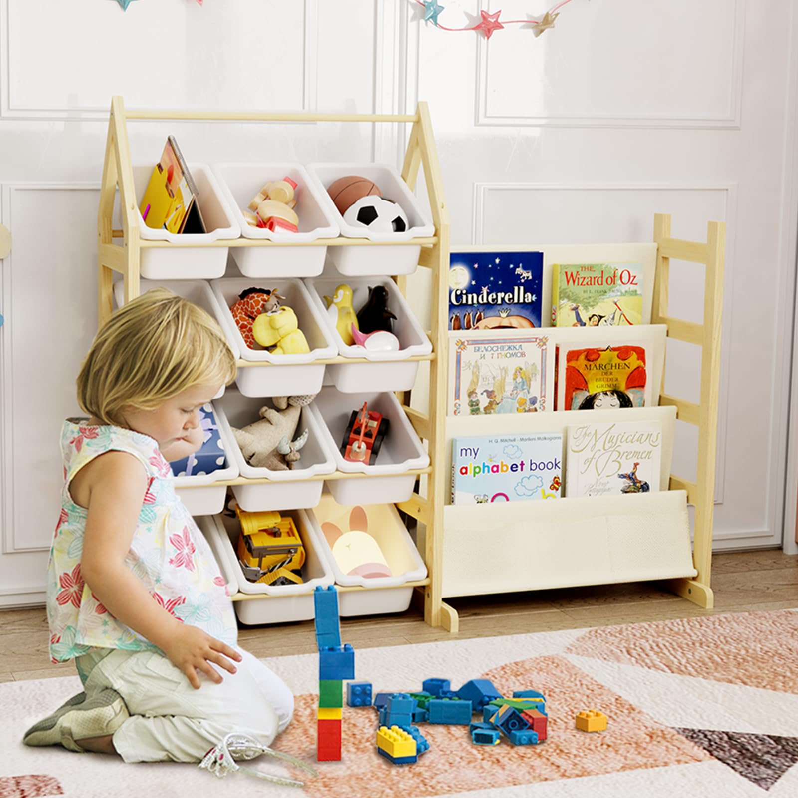 Houten Montessori Huisjesrek - Open Boekenkast & Speelgoedrek