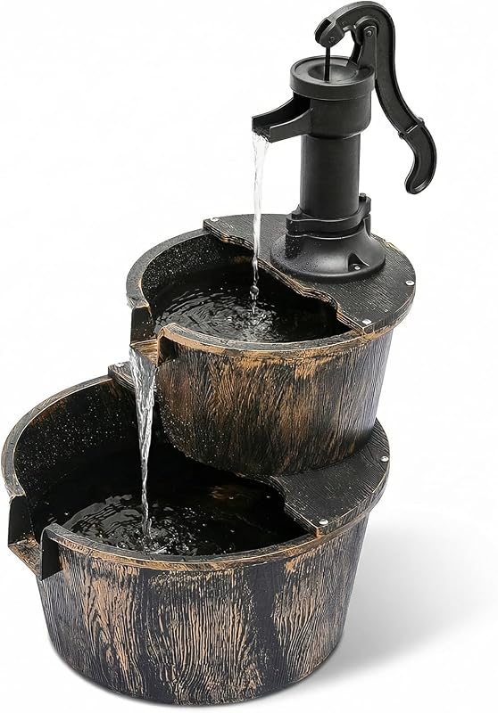 Magshion 2-Tier Rustic Barrel Water Fountain Outdoor, 27" Tall, Bronze | Soothing Cascading Waterfall Flow, w/ Electric Pump, Water Features for Garden, Patio, Deck, Yard, Porch