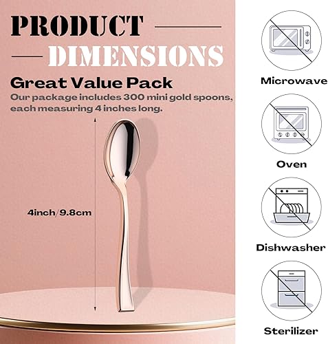 Vista 9 de Mimorou Juego de 300 mini cucharas desechables doradas de 4 pulgadas, pequeños postres de plástico, cucharas de degustación resistentes