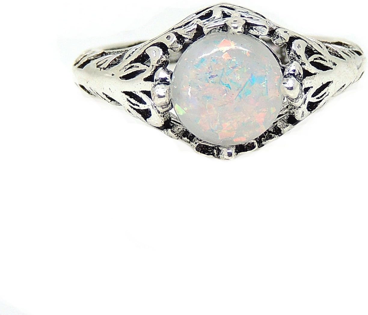 Fran Engagement Ring for Women by Ginger Lyne | Simulated Fire 8mm Opal Antiqued Filigree Statement Ring for Her | Bridal Jewelry for Wife or Girlfriend