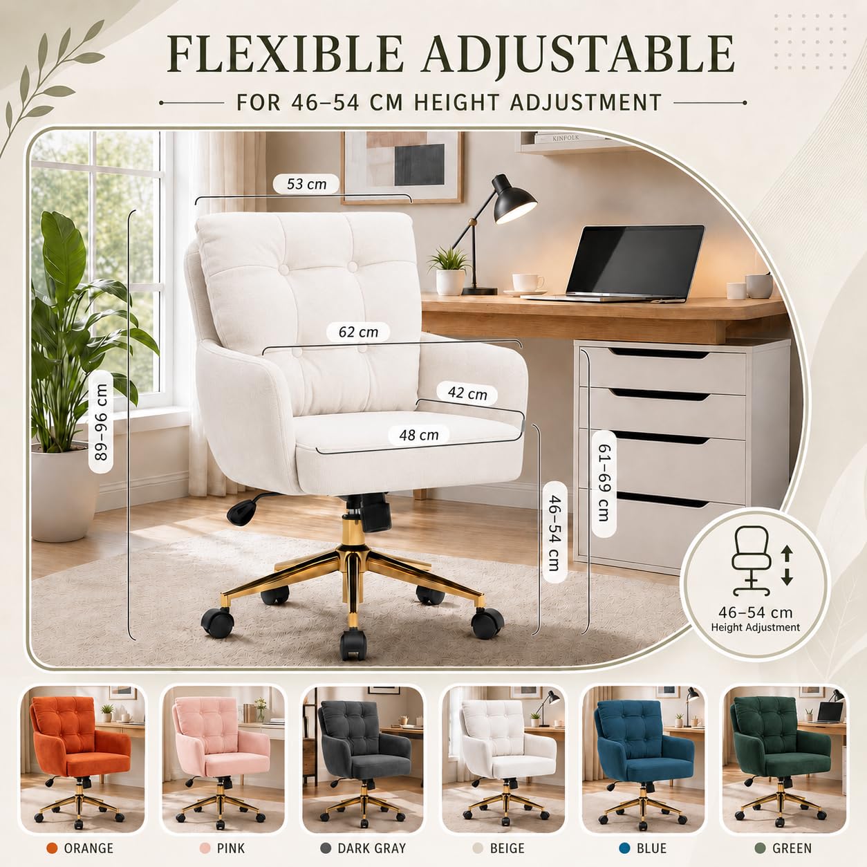 Silla Terciopelo, 360° Silla Giratoria con Respaldo y Reposabrazos, Sillas Escritorio Beige
