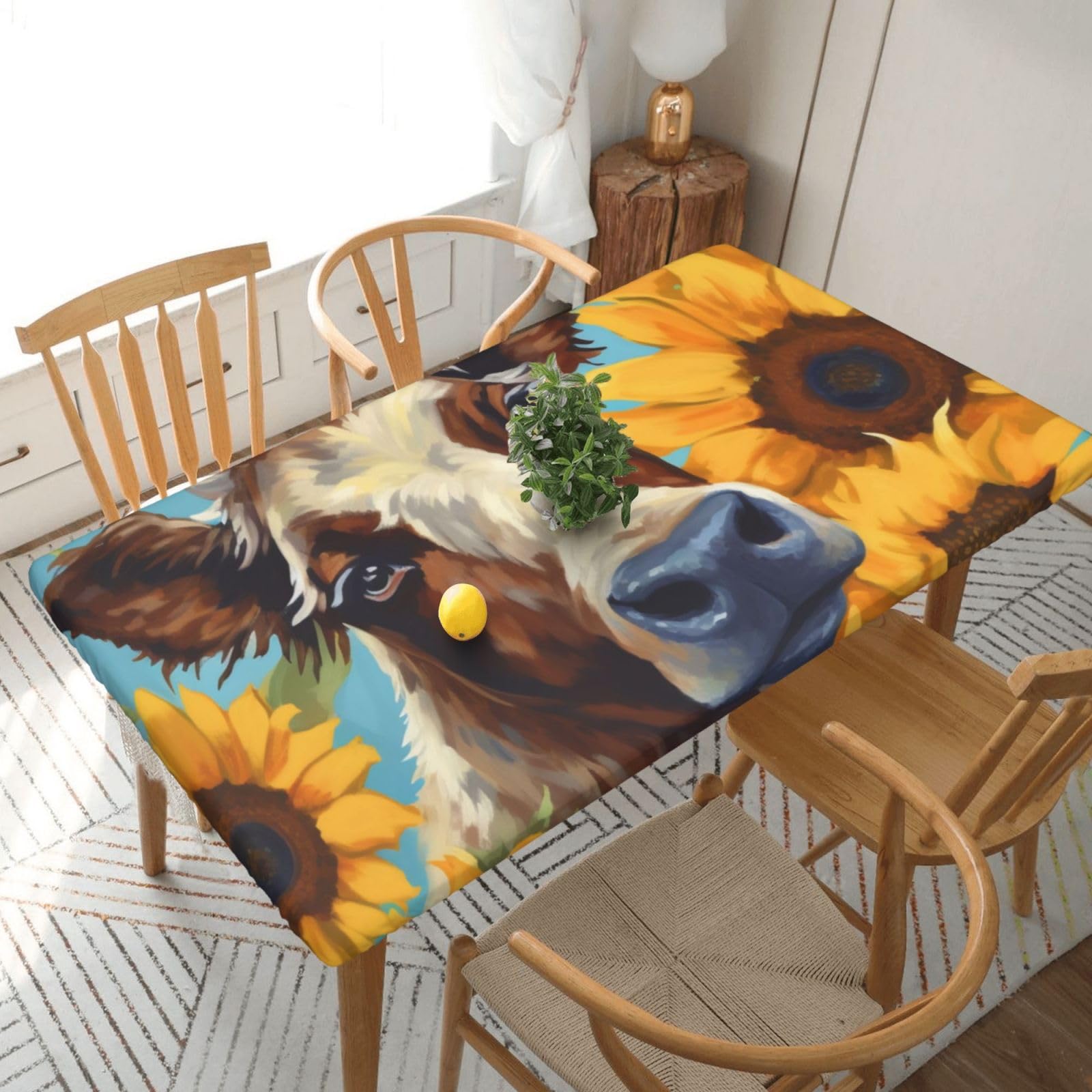 WPKJU Cow with Sunflowers in Blue Printed Tablecloths 5ft Rectangular Table Covers Washable Polyester Decorative Table Cloth for Dining Table Picnic Wedding