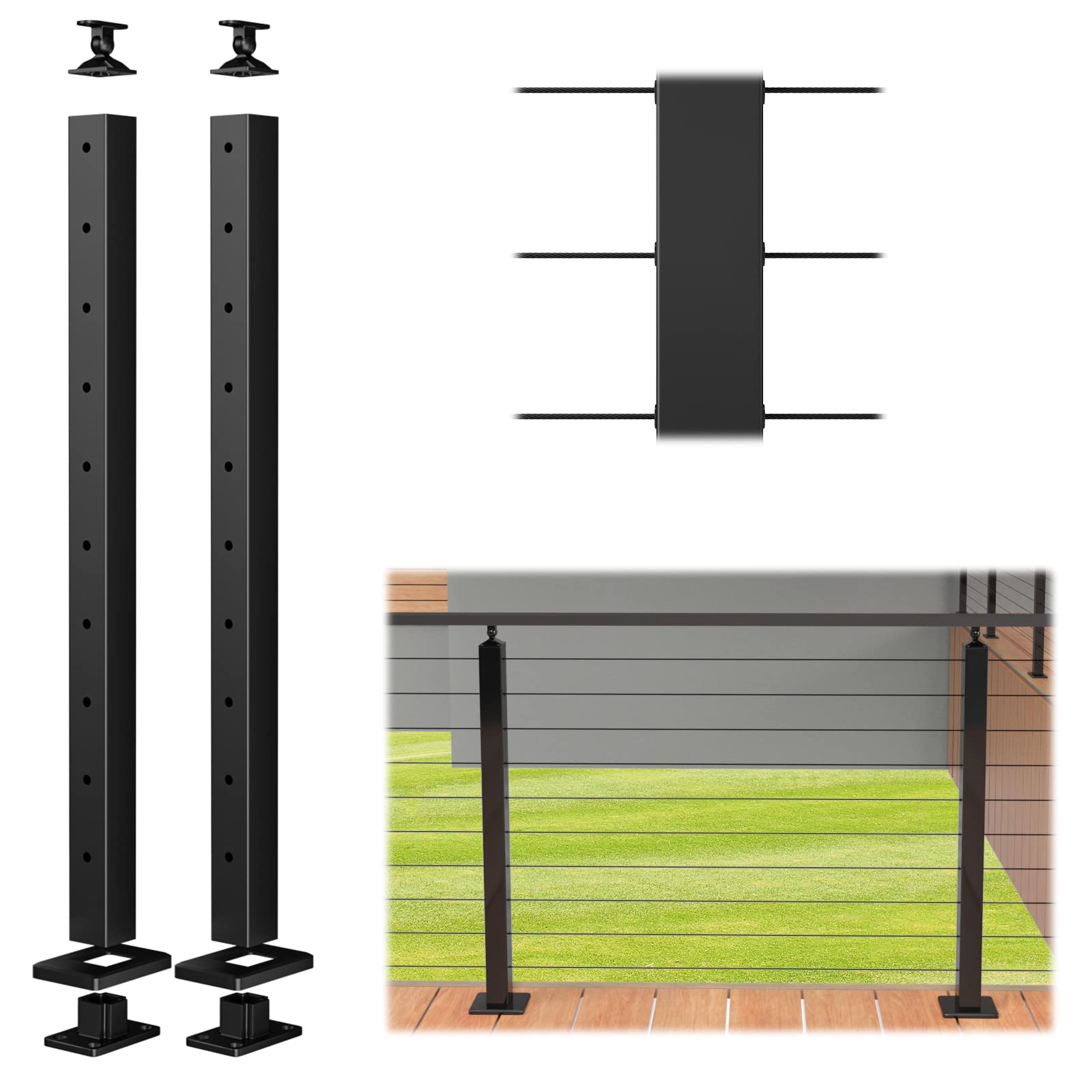 Muzata 2Pack Level drilled Aluminum Post 36"X2"x2" Adjustable Top Cable Railing Post Top Mount Assembled Black Finish Wood Concrete Level Deck, PD01 BHAS
