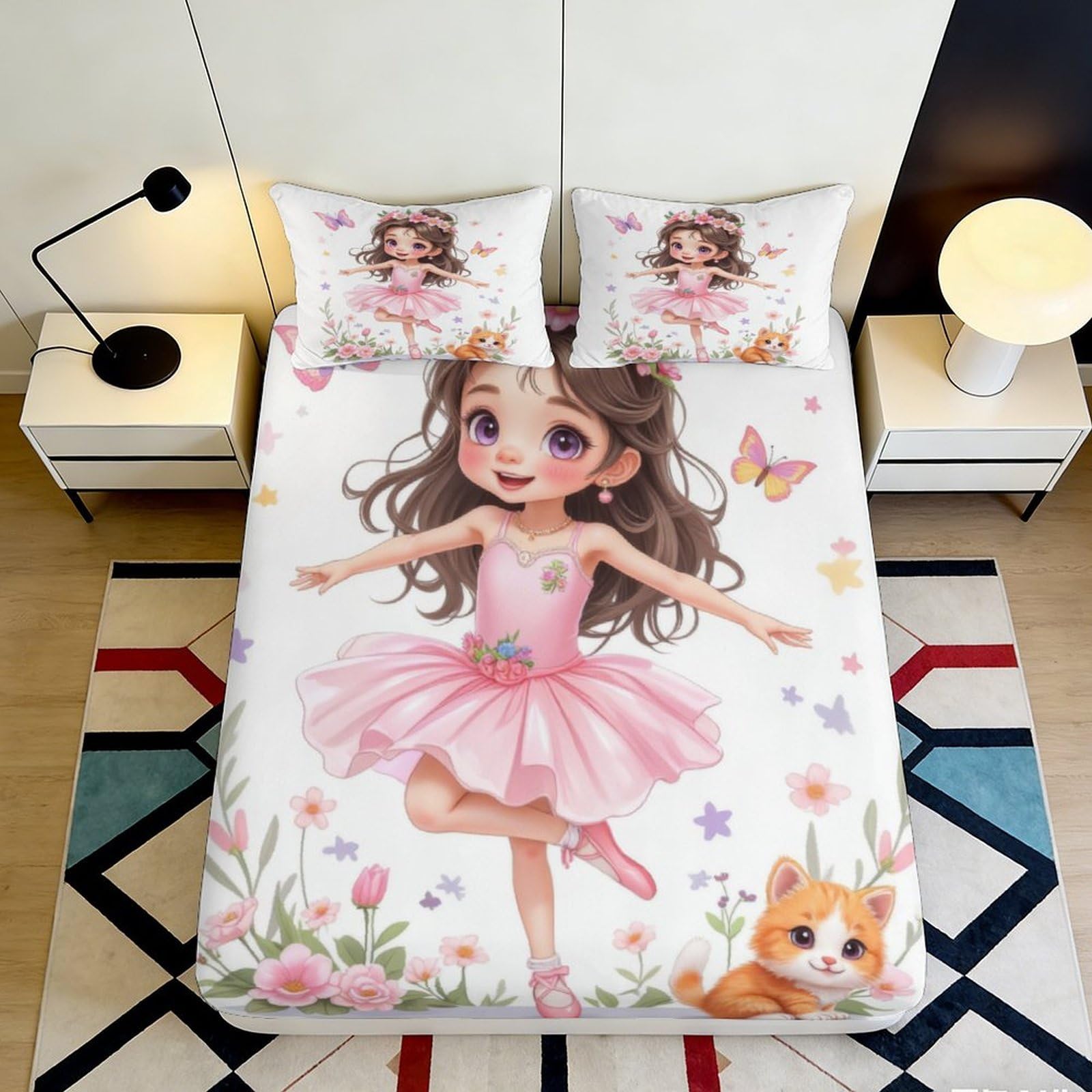 3D Printed Ballerina Princess Fitted Sheet Microfiber Soft Pink Cat Floral Mattress Cover for Bedroom Guest Room Decor 90x200x25cm