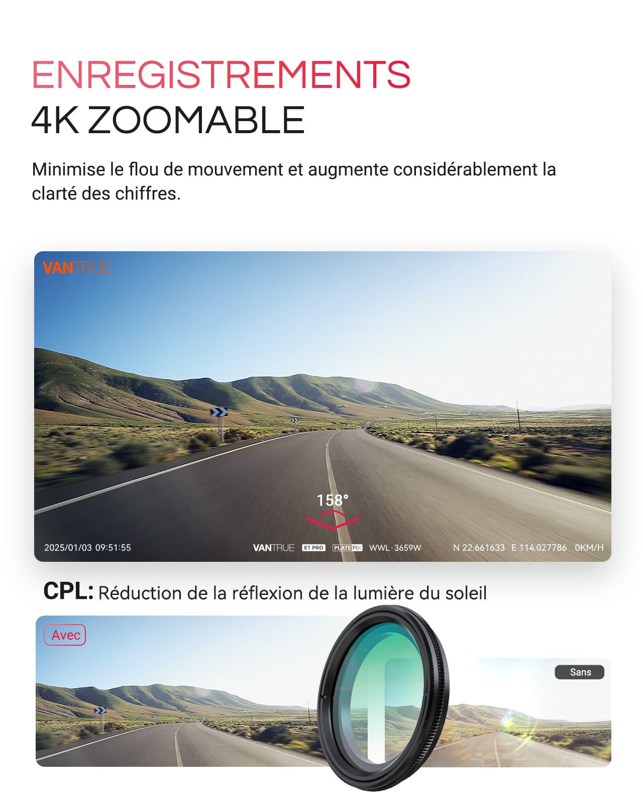 VANTRUE E1 Pro 4K HDR STARVIS 2 Dashcam Voiture Avant, Mini Caméra Embarquée Caché 5Ghz WiFi GPS avec CPL, Contrôle Vocale Français, 160°Mode Parking 15s Pré-Enregistrement, Vision Nocturne Max 1 to
