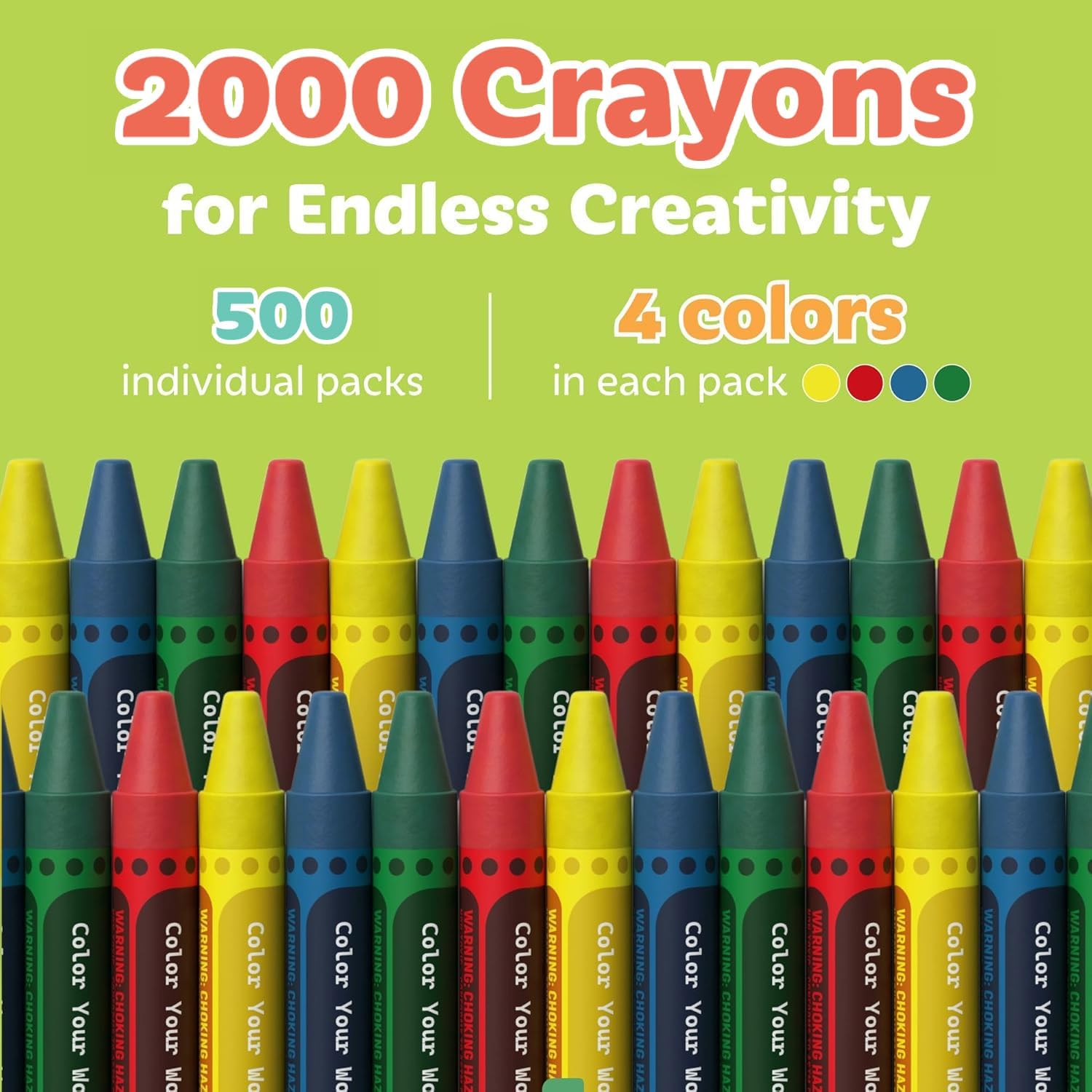 2000 Count Bulk Crayons, 4 Colors, 500 Packs, Regular Size Non Toxic Crayons for School, Teachers, Classroom Supplies, Restaurants, Stocking Stuffers