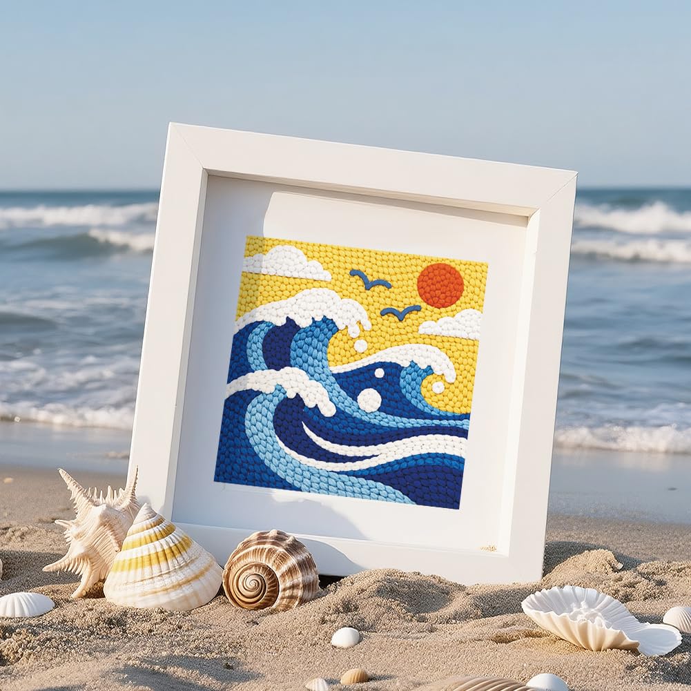 DOODLREAM Ocean Waves Nadelset Für Anfänger 24x24cm Möwen Und Sonnenuntergang Stanzstickerei Bastelset DIY Stickerei Starterset Mit Bedrucktem Rahmen Anweisung Einfädler Garn Quetschnadel