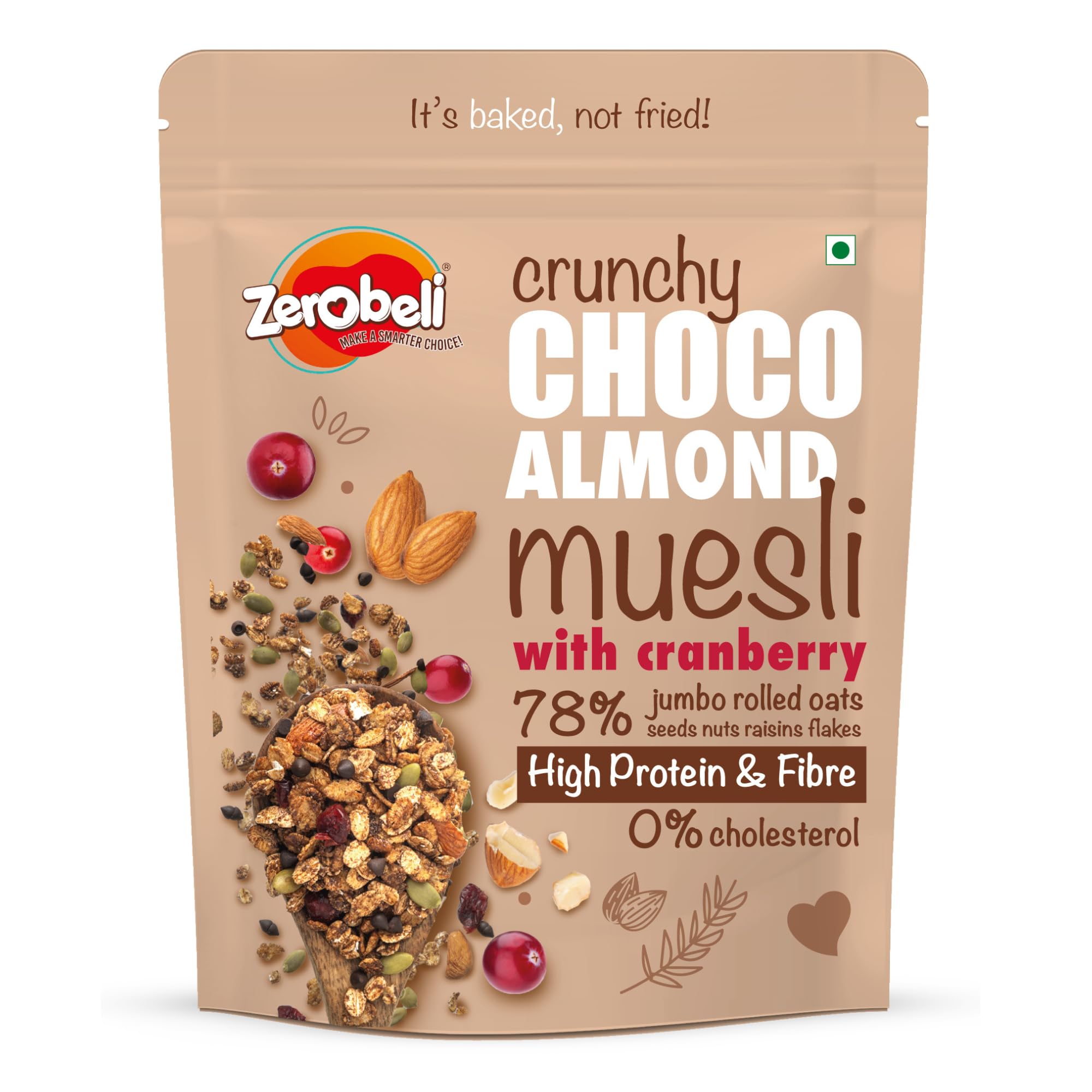 Zerobeli Dark Chocolate Almond Muesli 425g - Rich in Almonds, Pumpkin Seeds Antioxidants, and Cranberry |100% Wholegrain | High in Protein and Fiber | Multigrain Breakfast Cereal-image-27