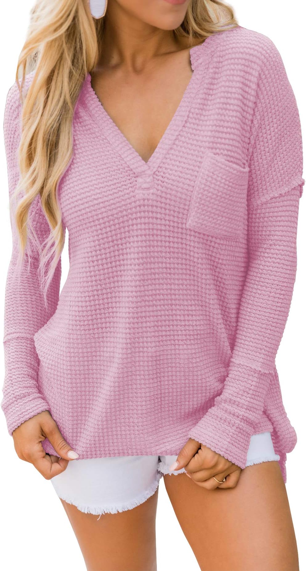 Womens Long Sleeve V Neck Waffle Knit Top Oversized Pullover Sweaters with Pocket