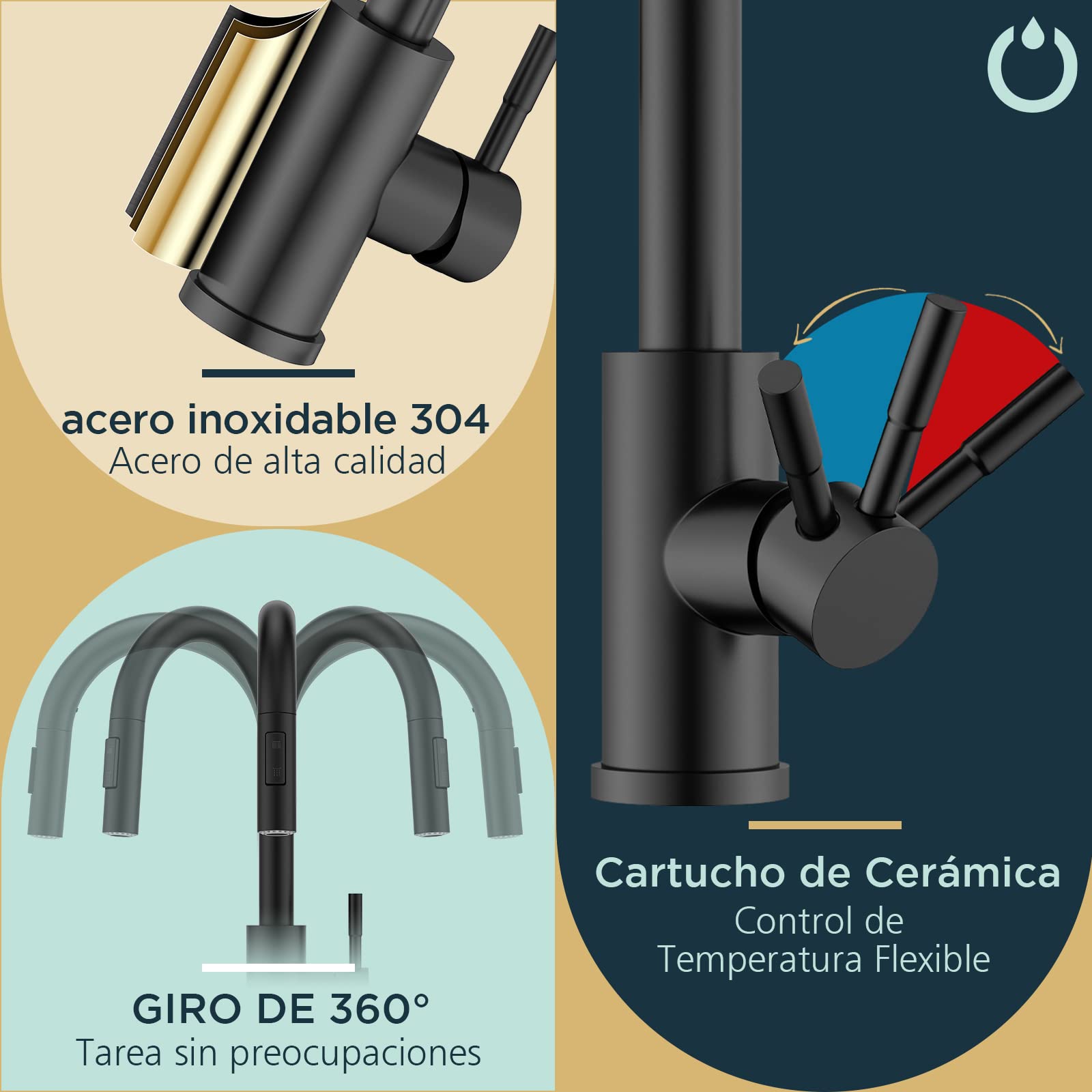FORIOUS Grifo Cocina Extraible Negro, Grifo Cocina Fregadero con 2 Modos Giratorio a 360° Torneira Cozinha Monomando Flexible, Agua Frío y Calor Disponibles