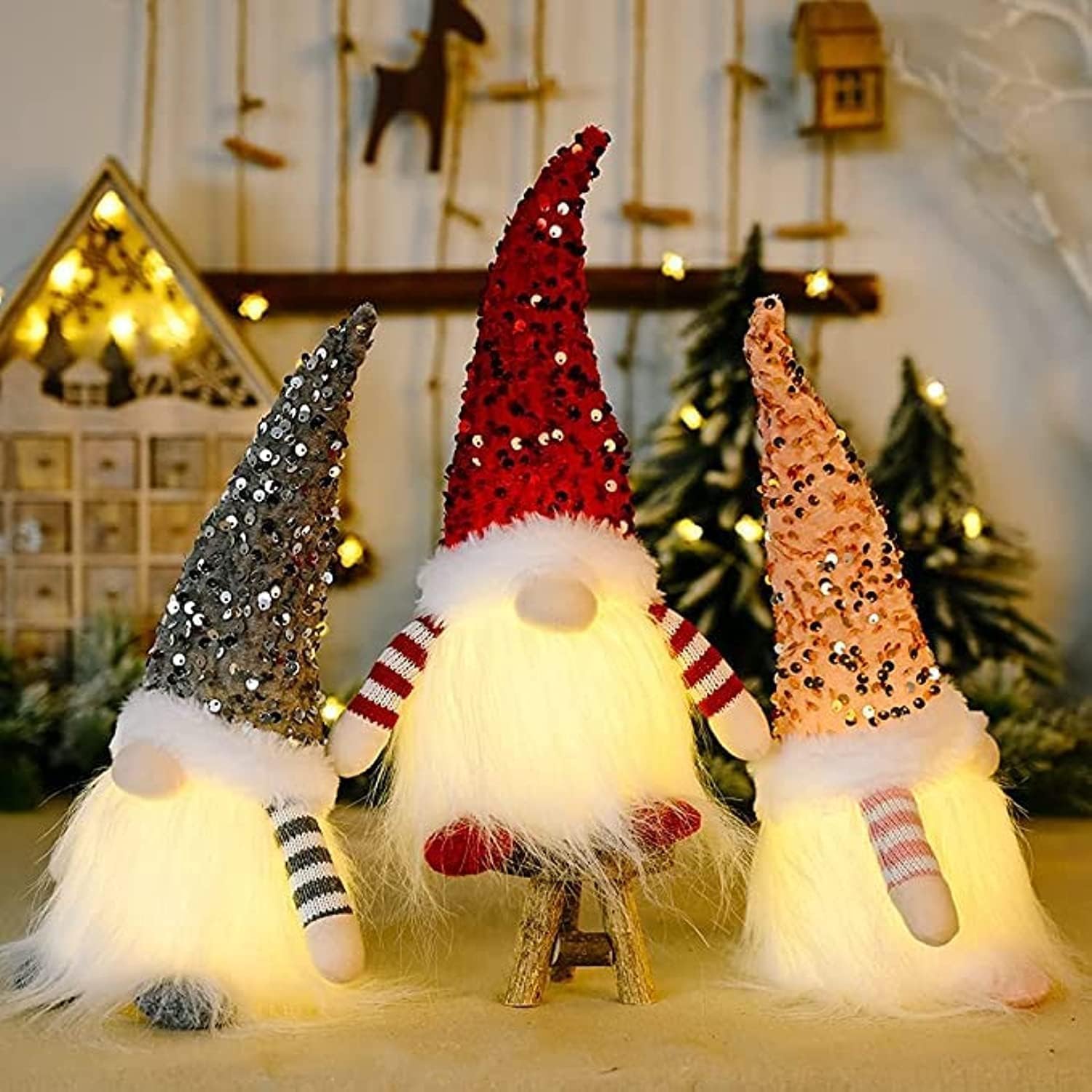 HeyJais Christmas Light Indoor Decoration,Glowing Santa Rudolph Gnome Doll Cloth Birthday Present with Bendable Nordic Hat for Home Holiday Decoration, Christmas Home Decor (3pc)