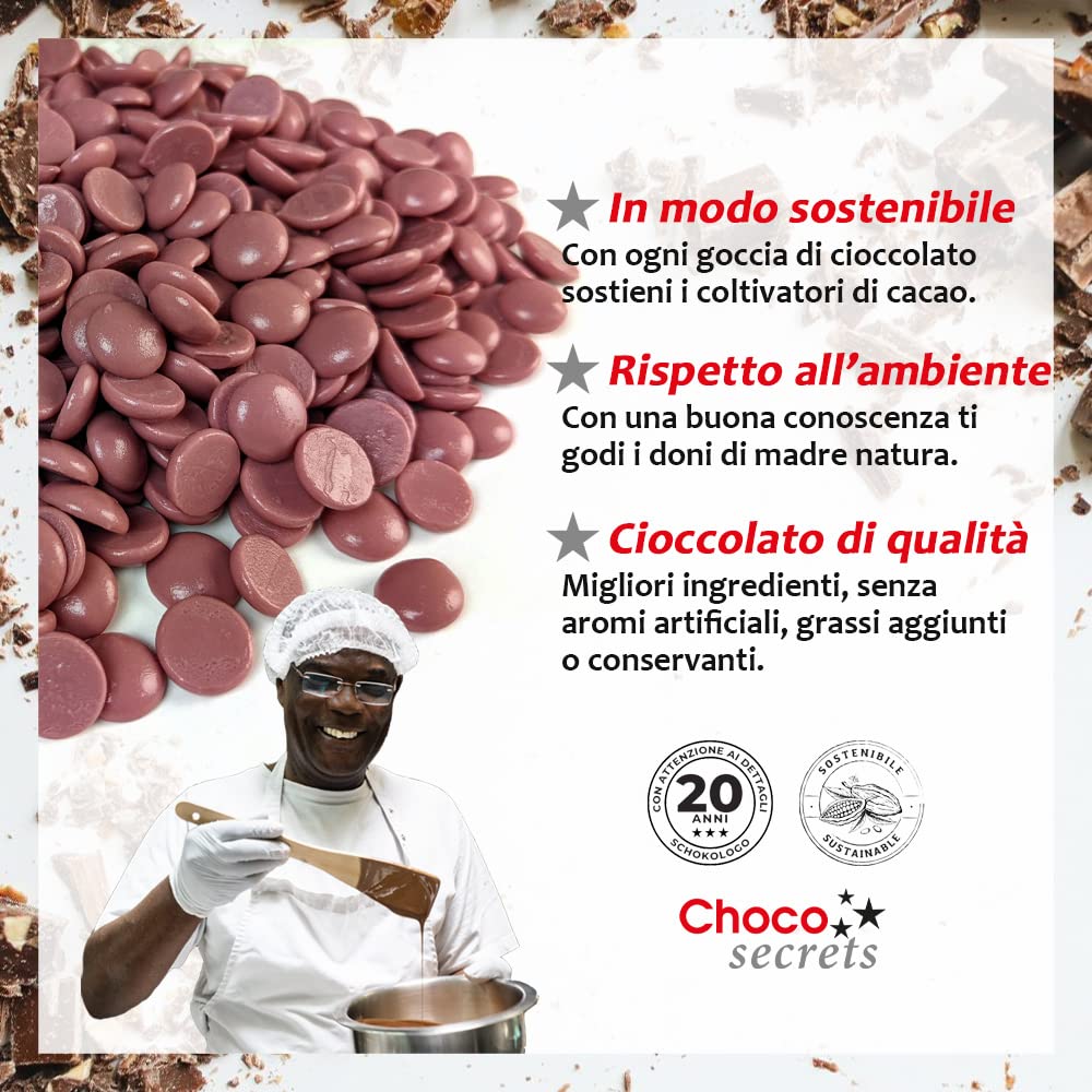 CHOCO SECRETS | Chips di Cioccolato al Ruby/Rosa, 1000g | Ideale da Scogliere per Fontana di Cioccolato o Fonduta | Gocce di Cioccolato Belga di Qualità | in una busta stand-up richiudibile